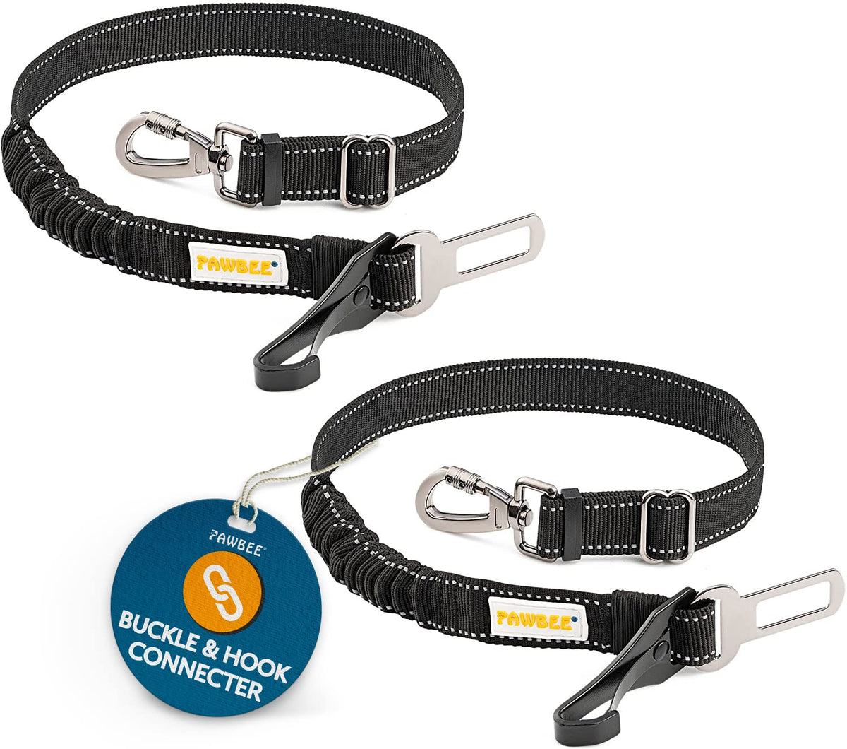 Pawbee 2 Pack Dog Seat Belts For Cars - Adjustable, Elastic Bungee Dog Car Harness With Easy Clip, 3-In-1 Safety Dog Car Seat Be
