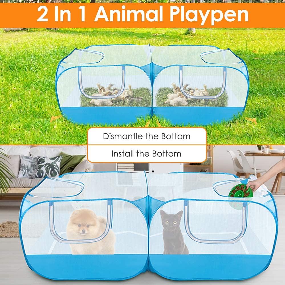 Slowton Small Animals Playpen, Portable Large Chicken Run Coop With Detachable Bottom Breathable Transparent Mesh Walls, Foldabl
