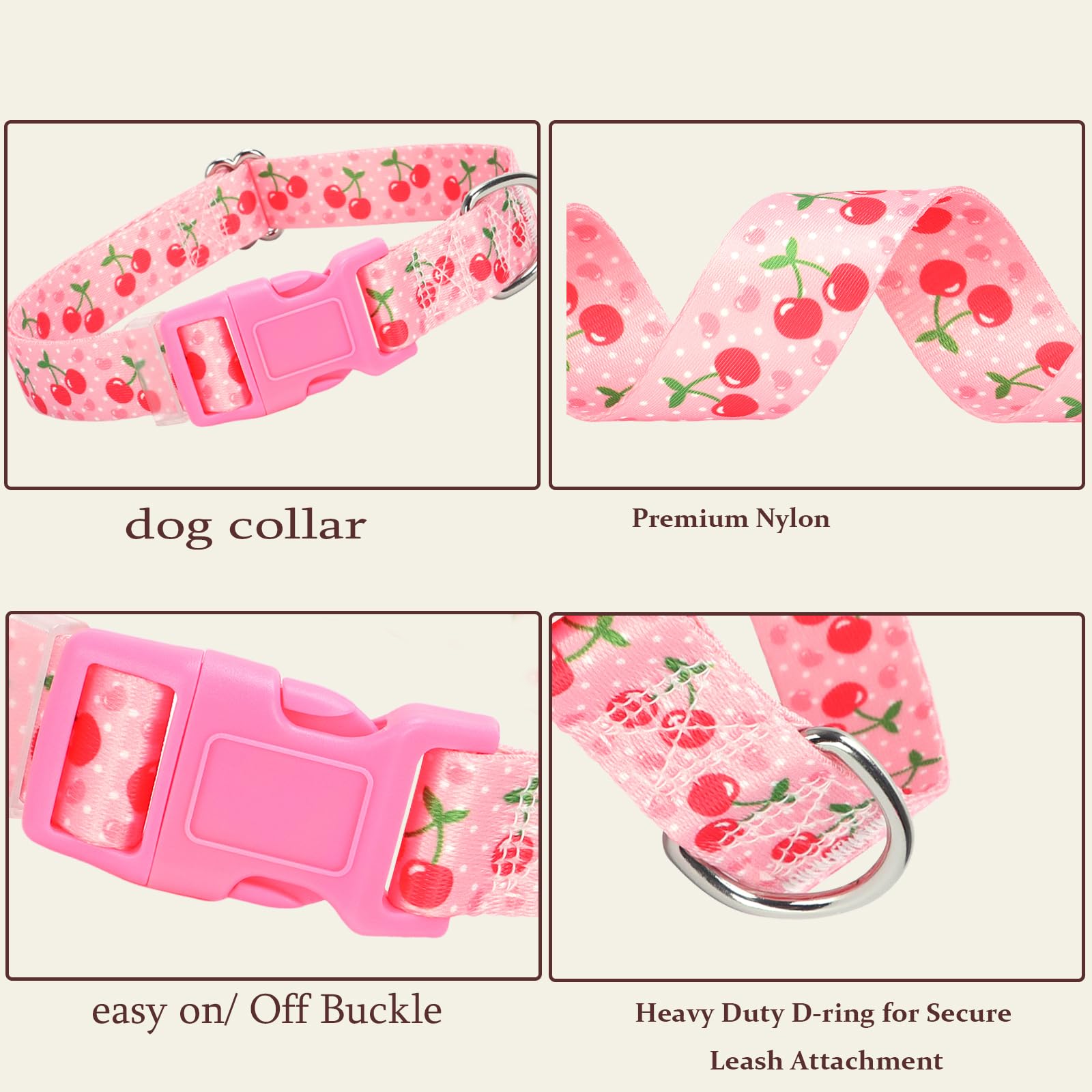 Soft Nylon Adjustable Dog Collar With Cute Cherry Design - Pink Durable Collar For Small, Medium, Large & Xl Dogs | No-Slip Comf