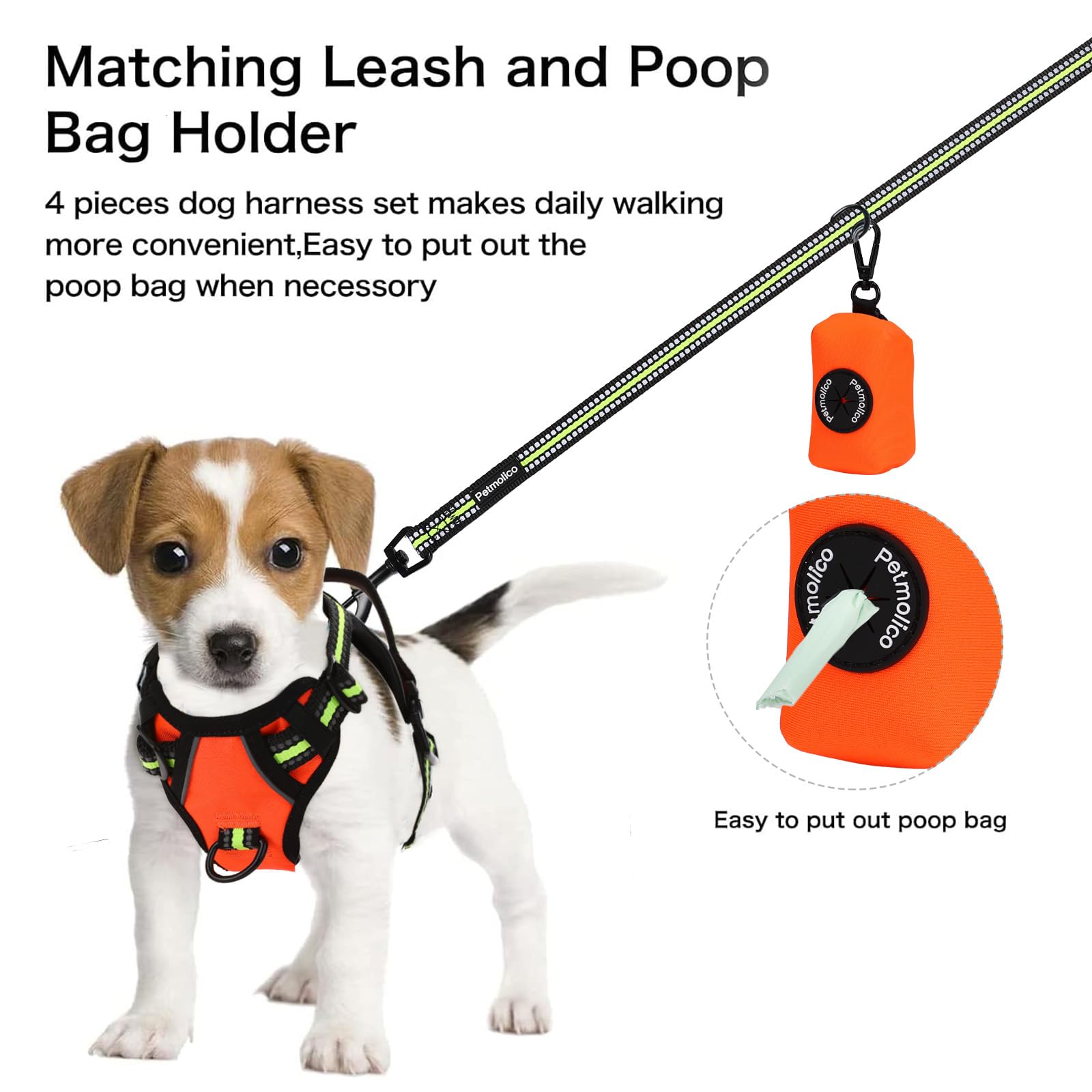 Petmolico No Pull Dog Harness Set, 4 Leash Attchment Easy Control Handle Reflective Vest Dog Harness Small Breed Dogs Harness an