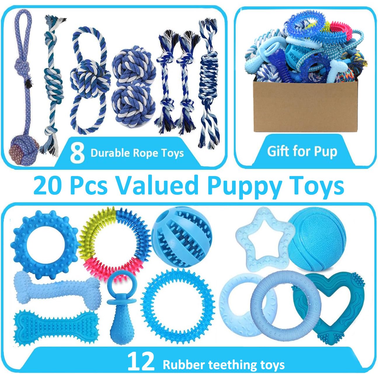 Beiker 20 Pack Puppy Chew Toys - Blue Dog Teething Toys For Puppies, Puppy Teething Rings And Durable Ropes, Blue Rubber Toy Bun