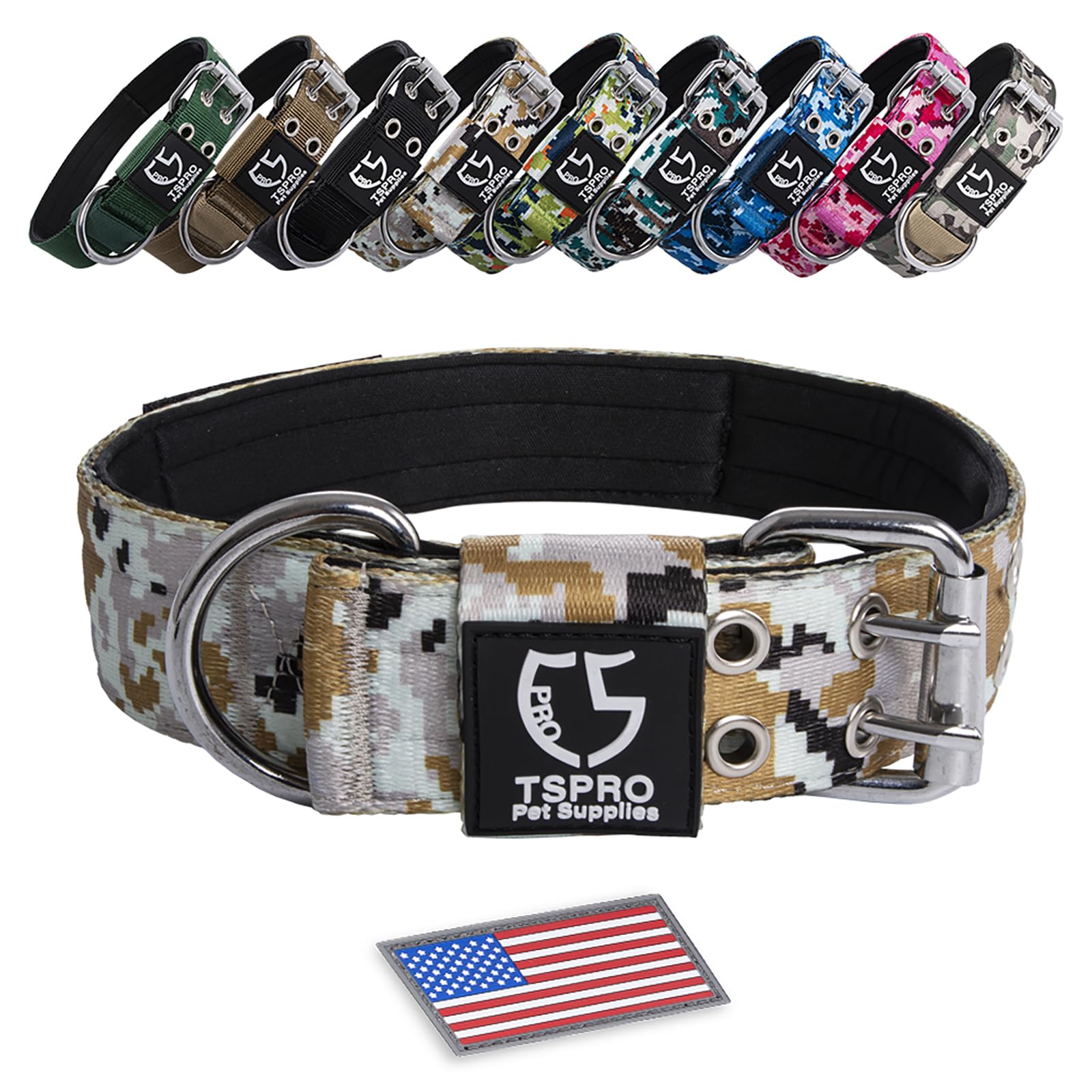 Tspro Camo Dog Collar Tactical Dog Collar Military Dog Collar Working K9 Dog Collar With Metal Buckle And Usa Flag Patch For Medium Large Dogs(Camo Khaki-M)
