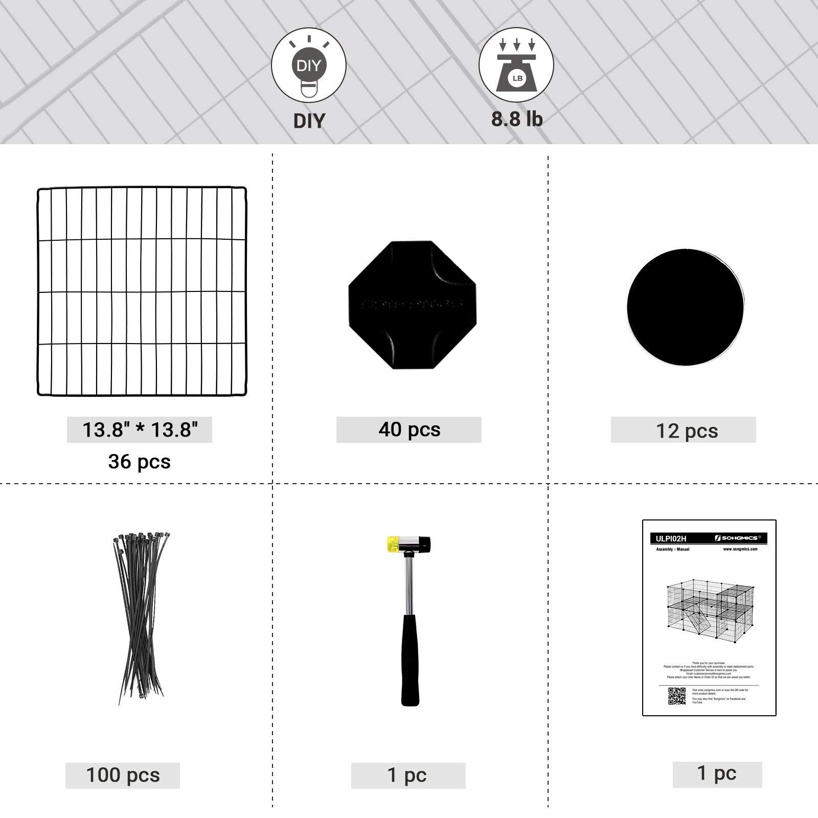 Songmics Pet Playpen, Small Animal Playpen, Rabbit Guinea Pig Cage, Zip Ties Included, Metal Wire Apartment-Style Two-Story Pet Premium Villa For Bunnies Puppies, Indoor Use, Black Ulpi02H