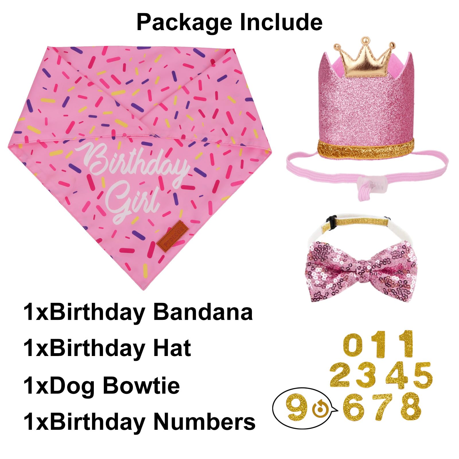 Ptdecor Dog Birthday Party Supplies, Multi Size Birthday Girl Bandana, Pink Crowns Hat Set For Medium Large Pets (Large)