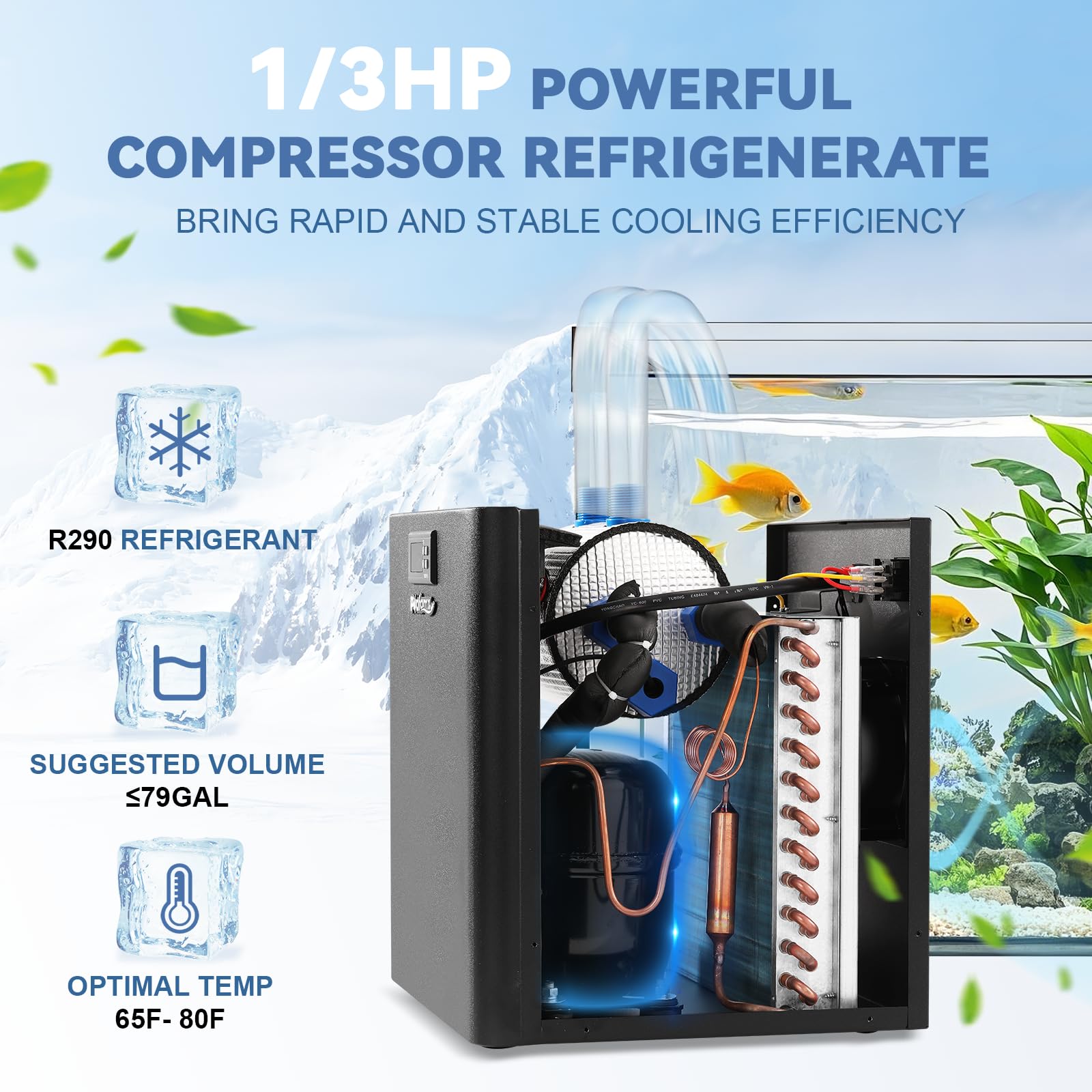 Poafamx Aquarium Chiller 79Gal 1/3 HP Water Chiller for Hydroponics System Home Use Axolotl Fish Coral Shrimp 110V with Pump and
