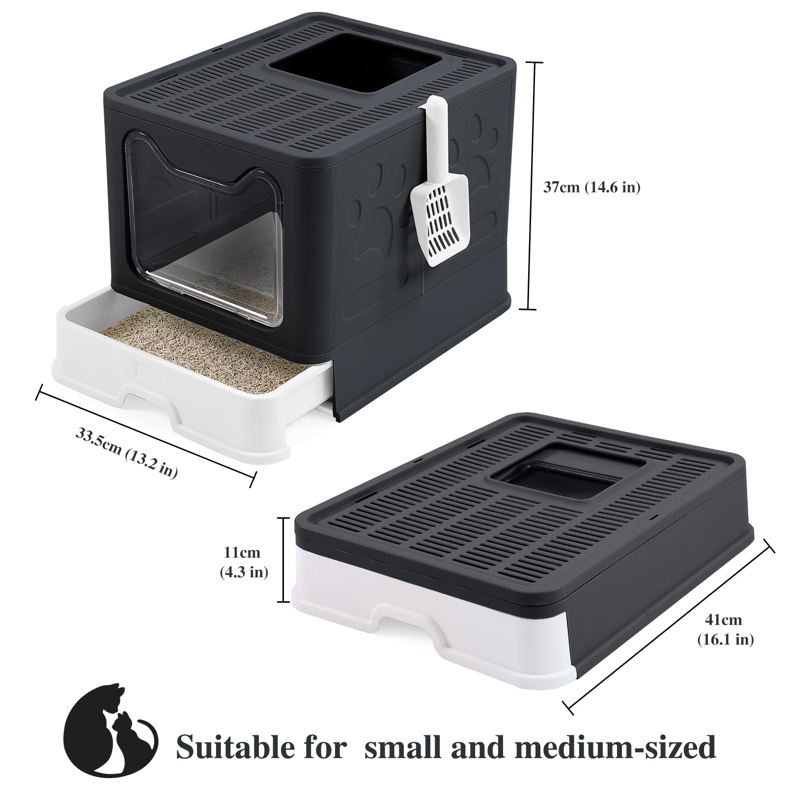 Bolux Foldable Cat Litter Box With Lid, Extra Large, Drawer Type Cat Litter Pan Easy To Scoop & Low Tracking (Dark Grey, 20'' L