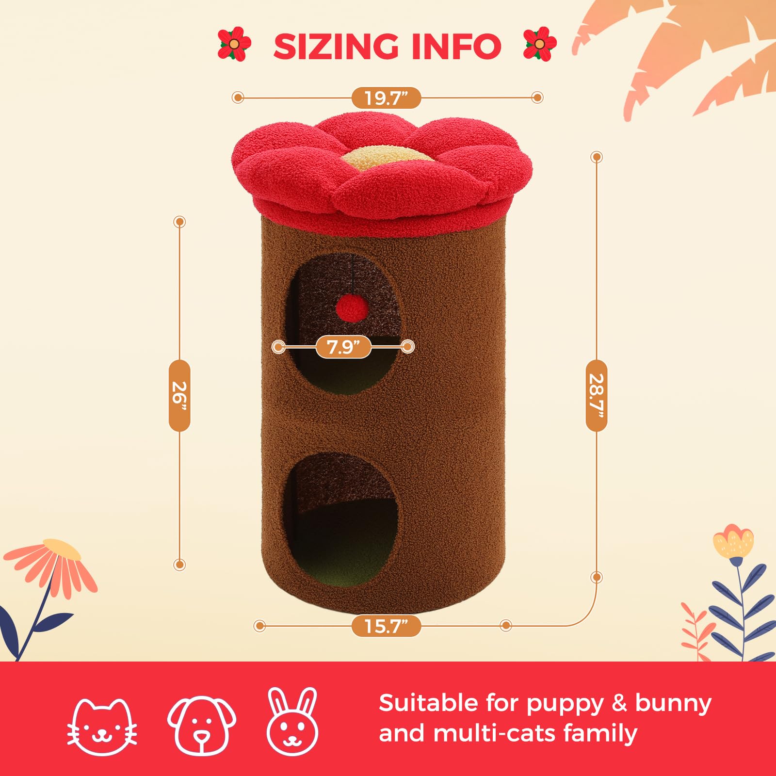 Petepela 2-Level Cat Beds For Indoor Cats, Cat Tree House With Removable Flower Bed, Cute Cats Hideaway, Indoor Cat Tree Condo,