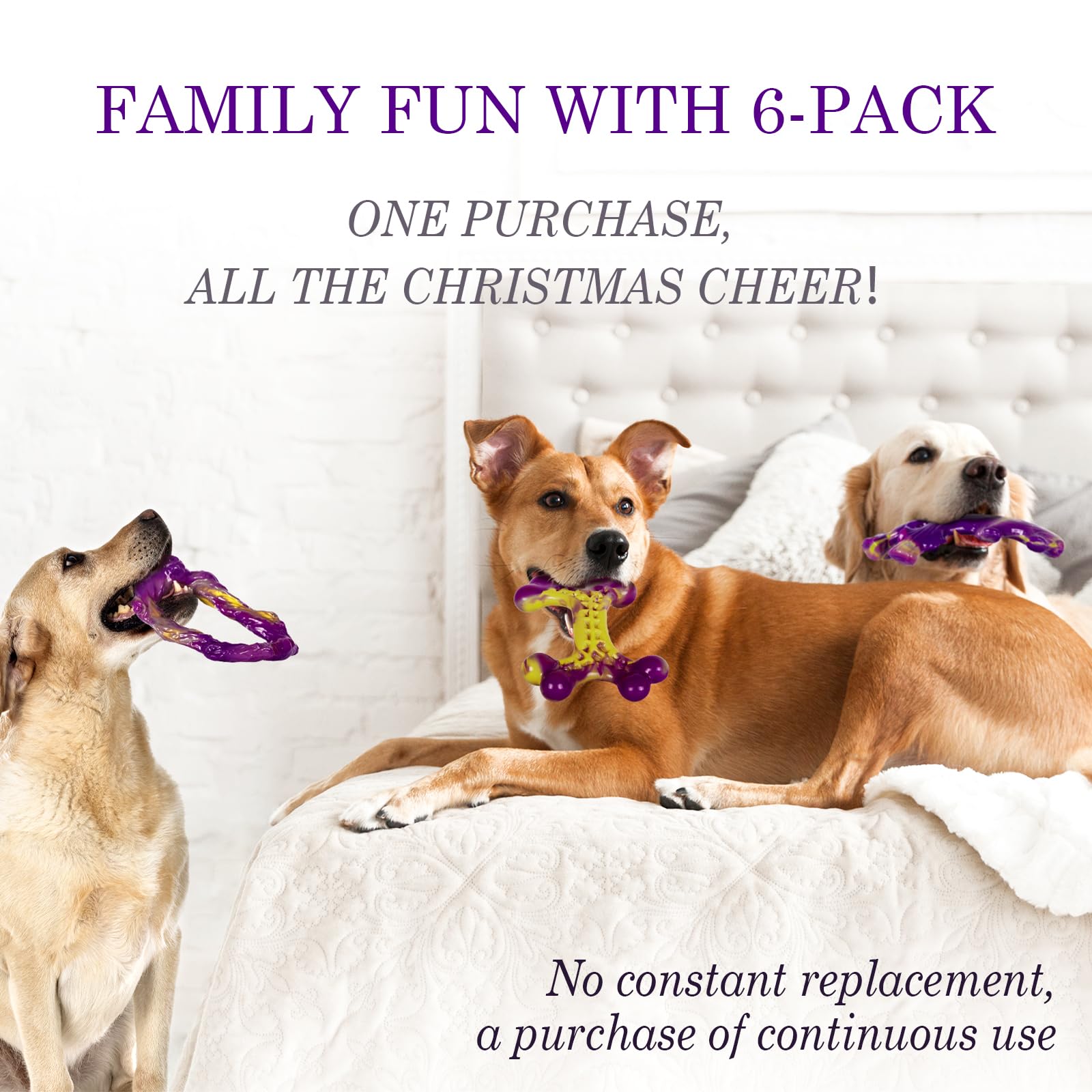 Frienhund 6-Pack Dog Toys for Aggressive Chewers, Nylon, Large Breed, Christmas & Purple