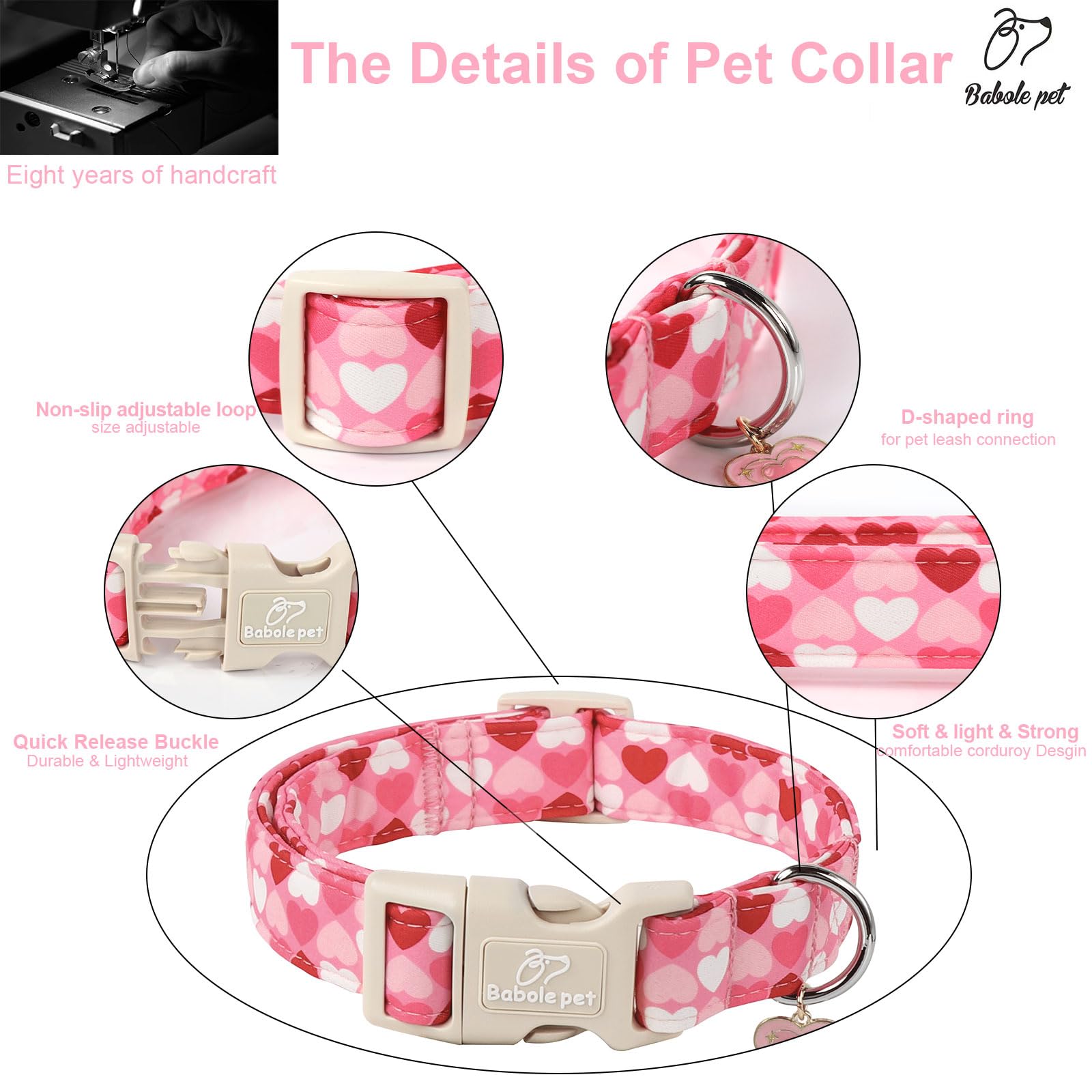 Babole Pet Valentines Dog Collar for Medium Dogs - Design Cute Pink Valentine Dog Collars Boy Girl Puppy Adjustable Quick Releas