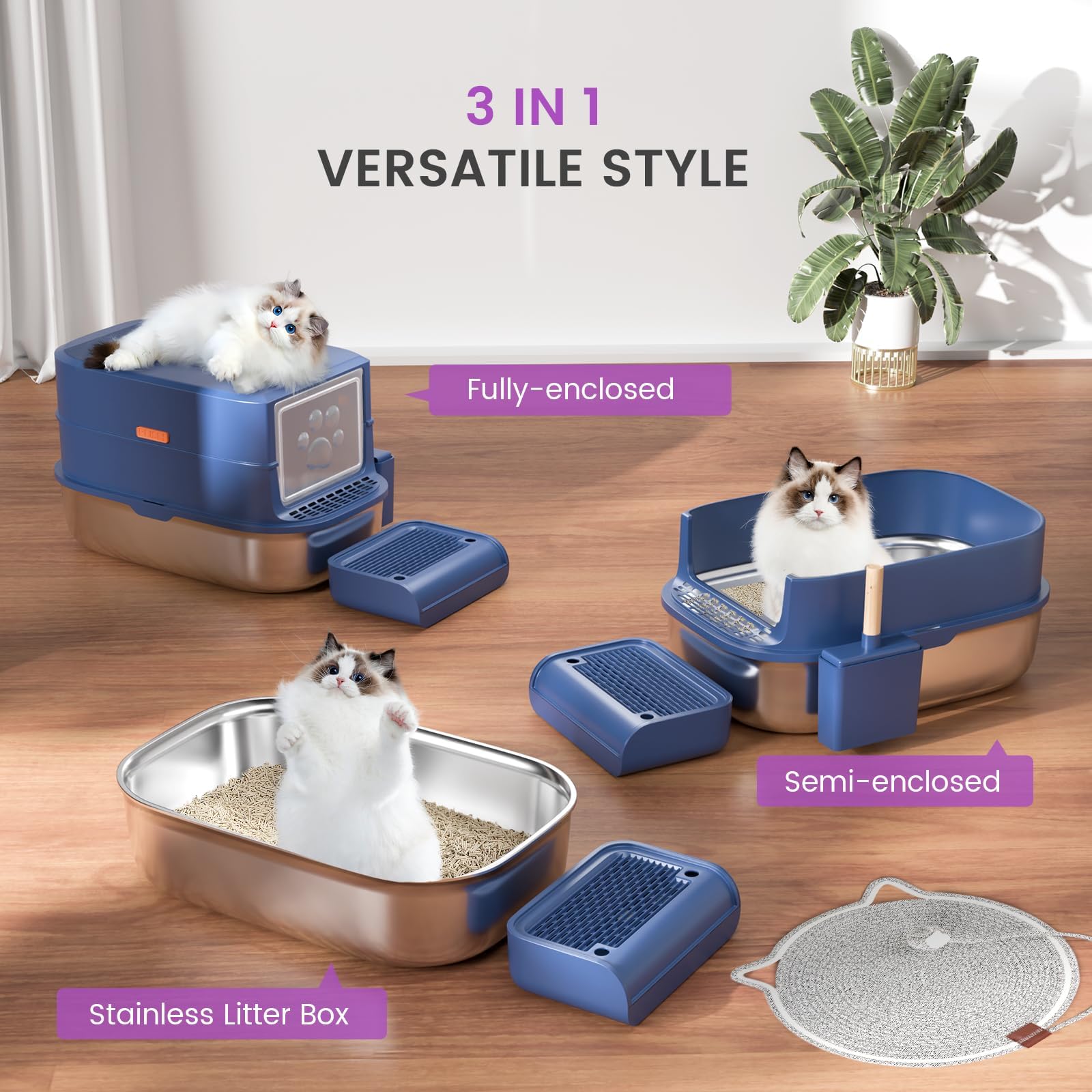 Stainless Steel Cat Litter Box With Lid - 3 In 1 Enclosed Cat Litter Box Xl Extra Large Odor Control Covered Metal Litter Pan Fo