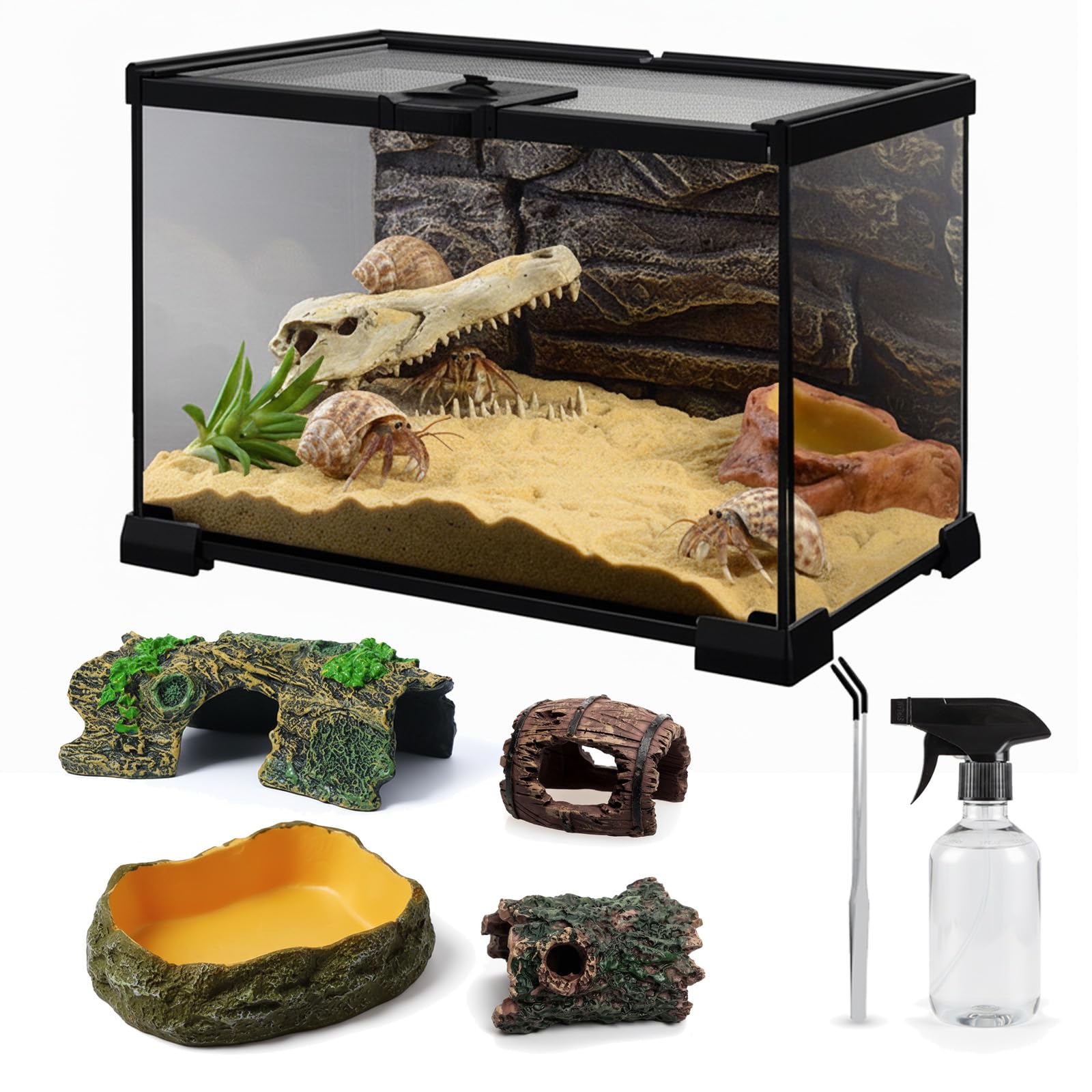 12x8x6 Mini Reptile Glass Terrarium Tank Kit (7 Pcs) Full View Hermit Crab Tank, Habitat Enclosure with Feeding Slot & Lock for 