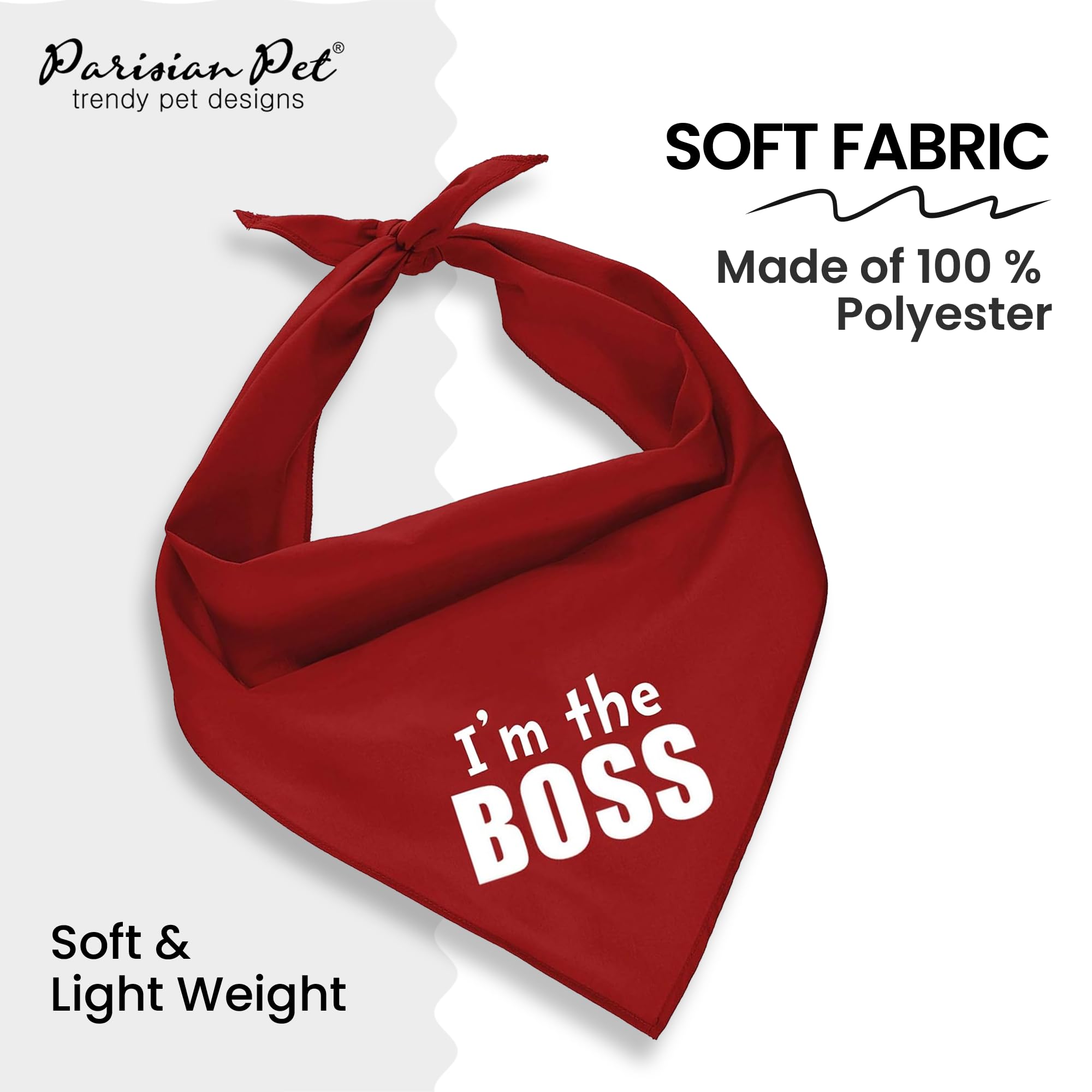 Parisian Pet Unisex Dog Bandanas With Printed ' I'M The Boss' Word - Classy Tie-On Adjustable Boss Dog Bandana - Dog Scarf For Large Dogs - Washable Triangle Dog Bib - Red Handkerchief For Pets - L