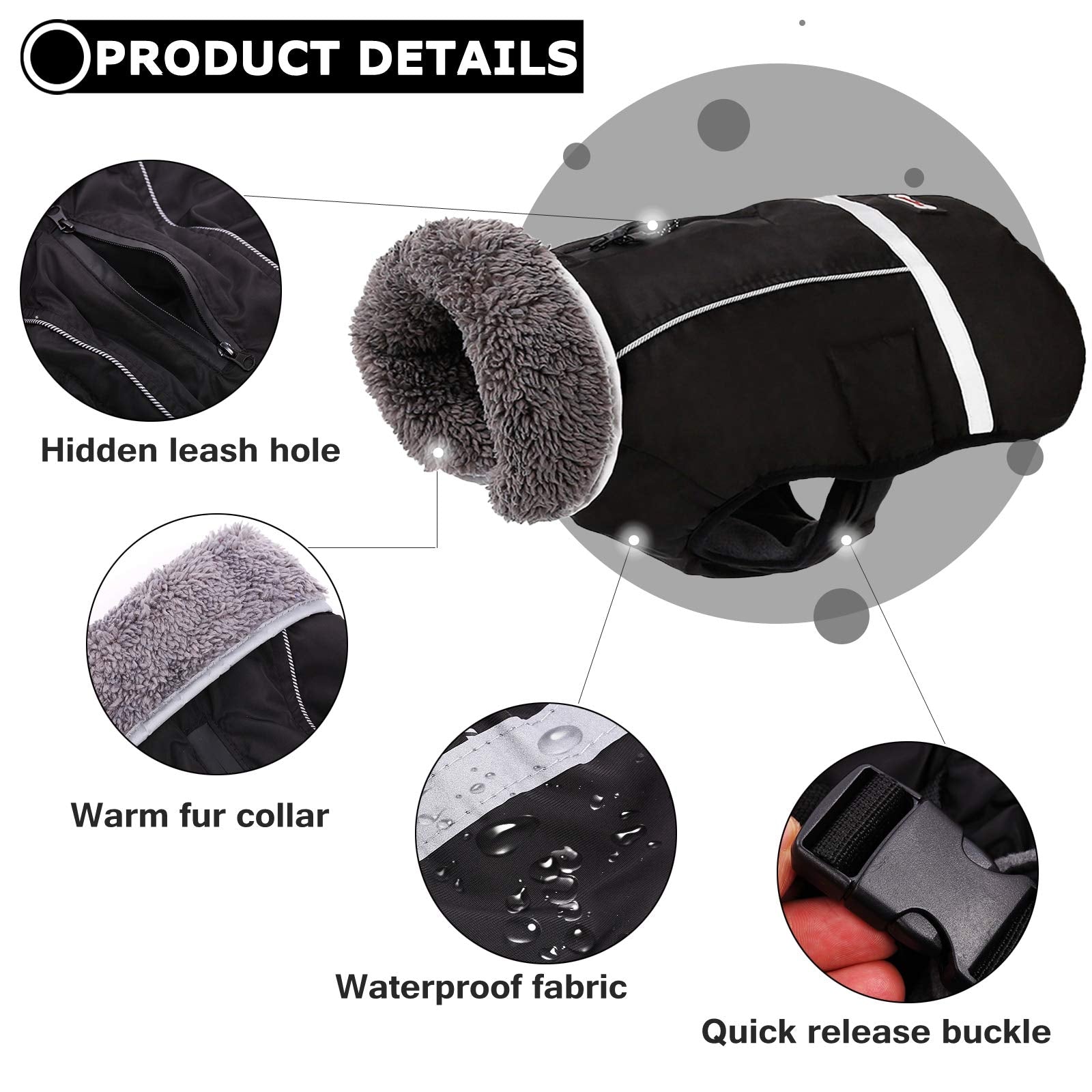 QBLEEV Waterproof Winter Dog Coat, Reflective Turtleneck Fleece Jacket for Medium Black Dogs