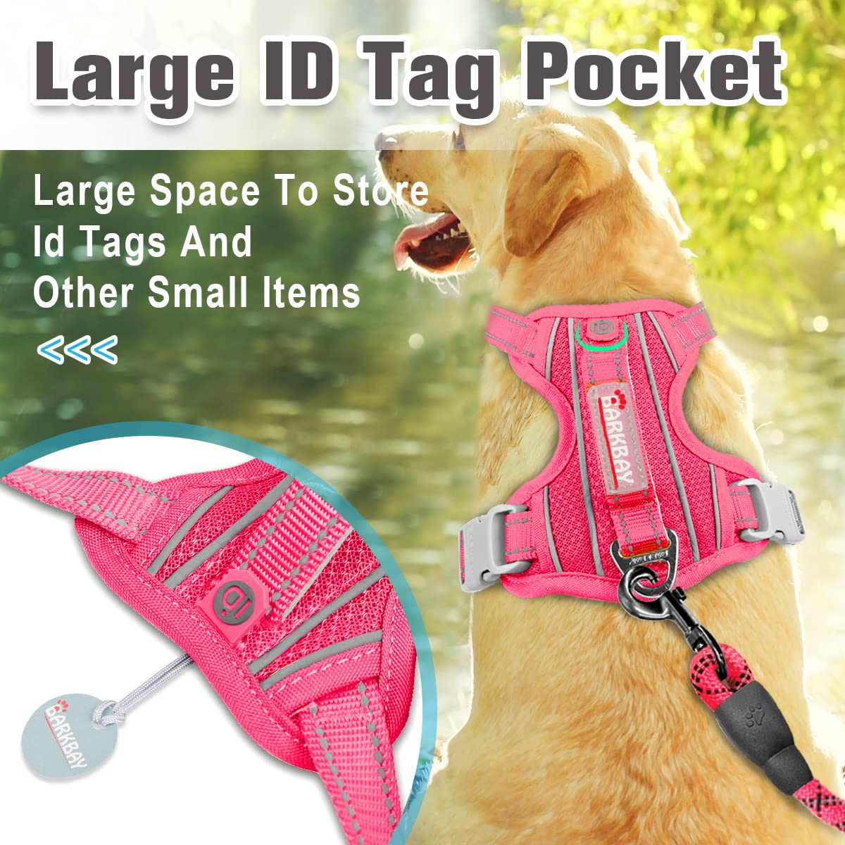 Barkbay No Pull Dog Harness Front Clip Heavy Duty Reflective Easy Control Handle For Large Dog Walking With Id Tag Pocket(Pink,L
