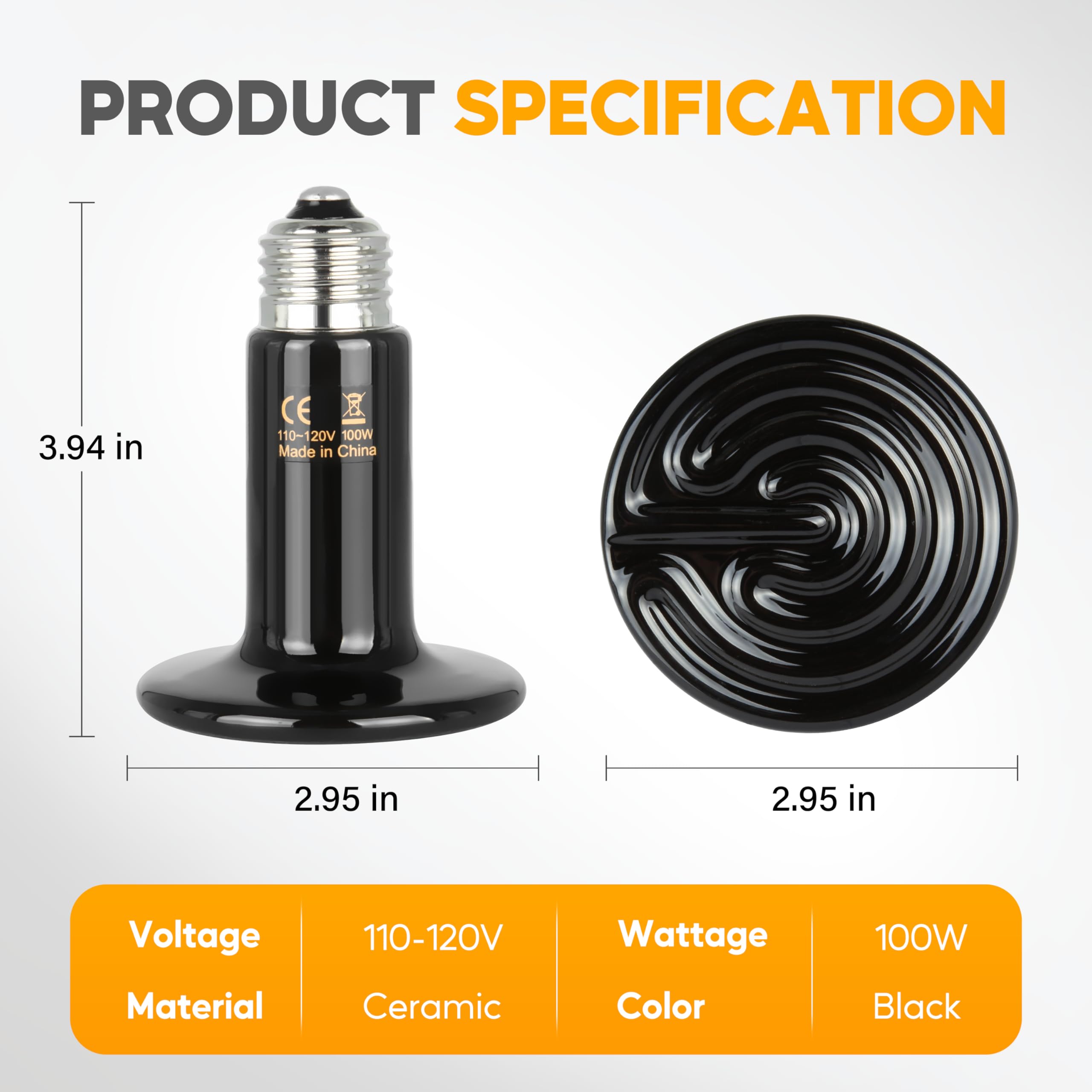 HealSmart 100W Reptile Heat Lamp Ceramic Heat Emitter, No Light Emitting Heat Bulbs, Suitable for Snake/Lizard/Spider, Plant Gro