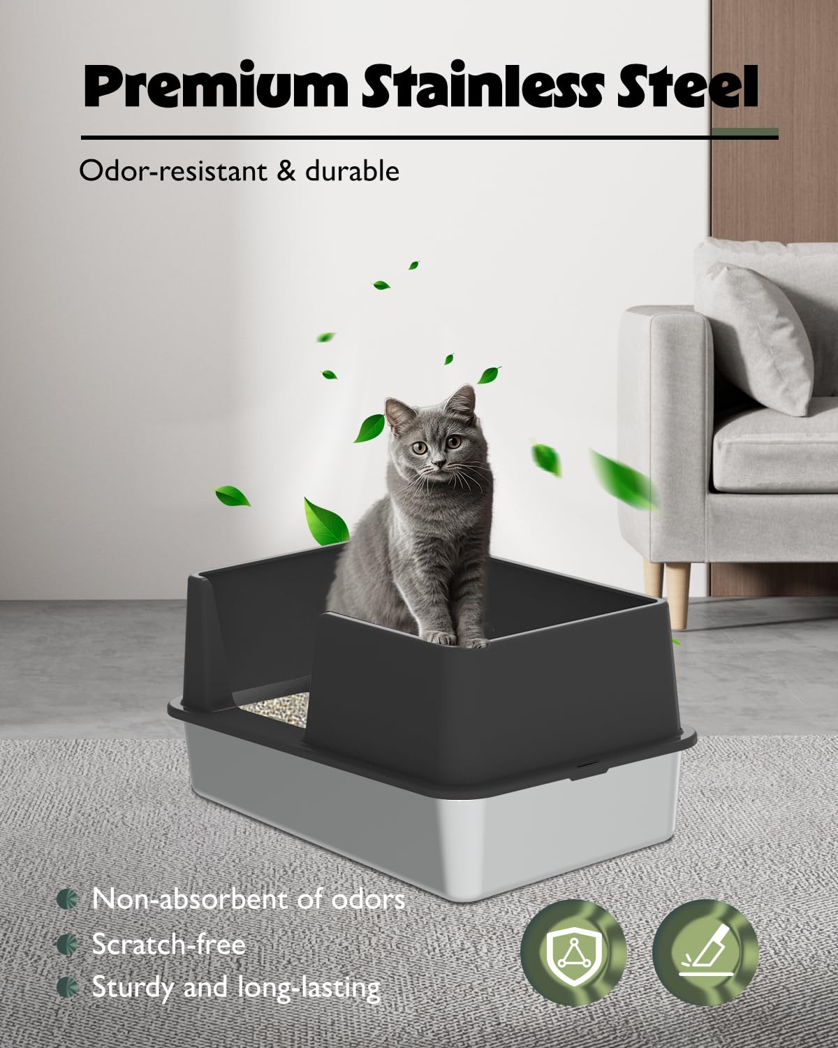 Stainless Steel Cat Litter Box With Lid, Large Metal Litter Box For Big & Multiple Kittens With High Sides, Cat Box With Litter