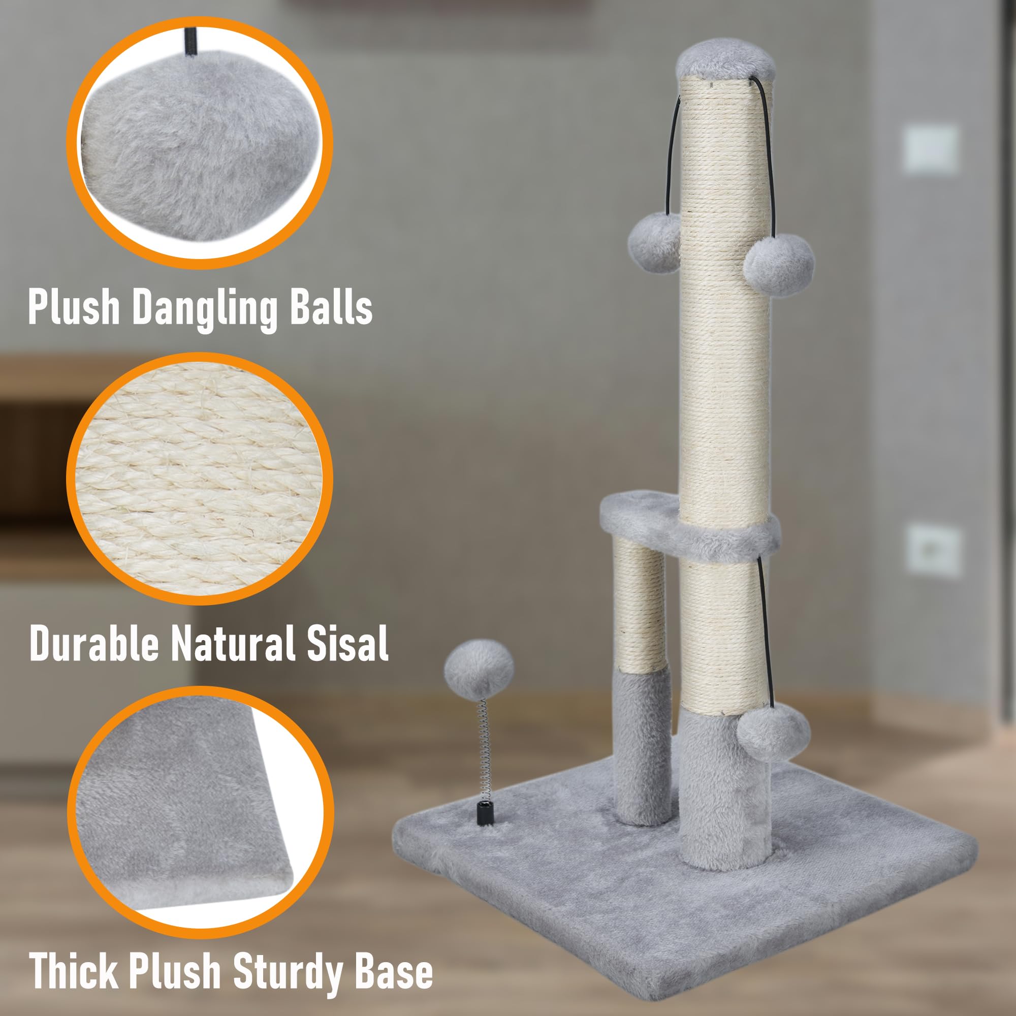 Dimaka Tall Cat Scratching Post, Double Lower Posts Extra Stable Cat Post Tree Scratcher With Sisal Rope And Teasing Balls, 4 Ba