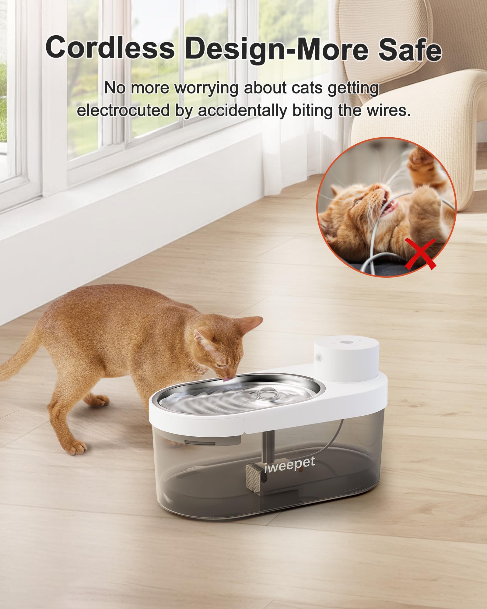Iweepet Upgrade Wireless & Ultra-Quiet Cat Water Fountain Stainless Steel, 5000Amh Battery Operated Pet Fountain With 3 Flow Mod