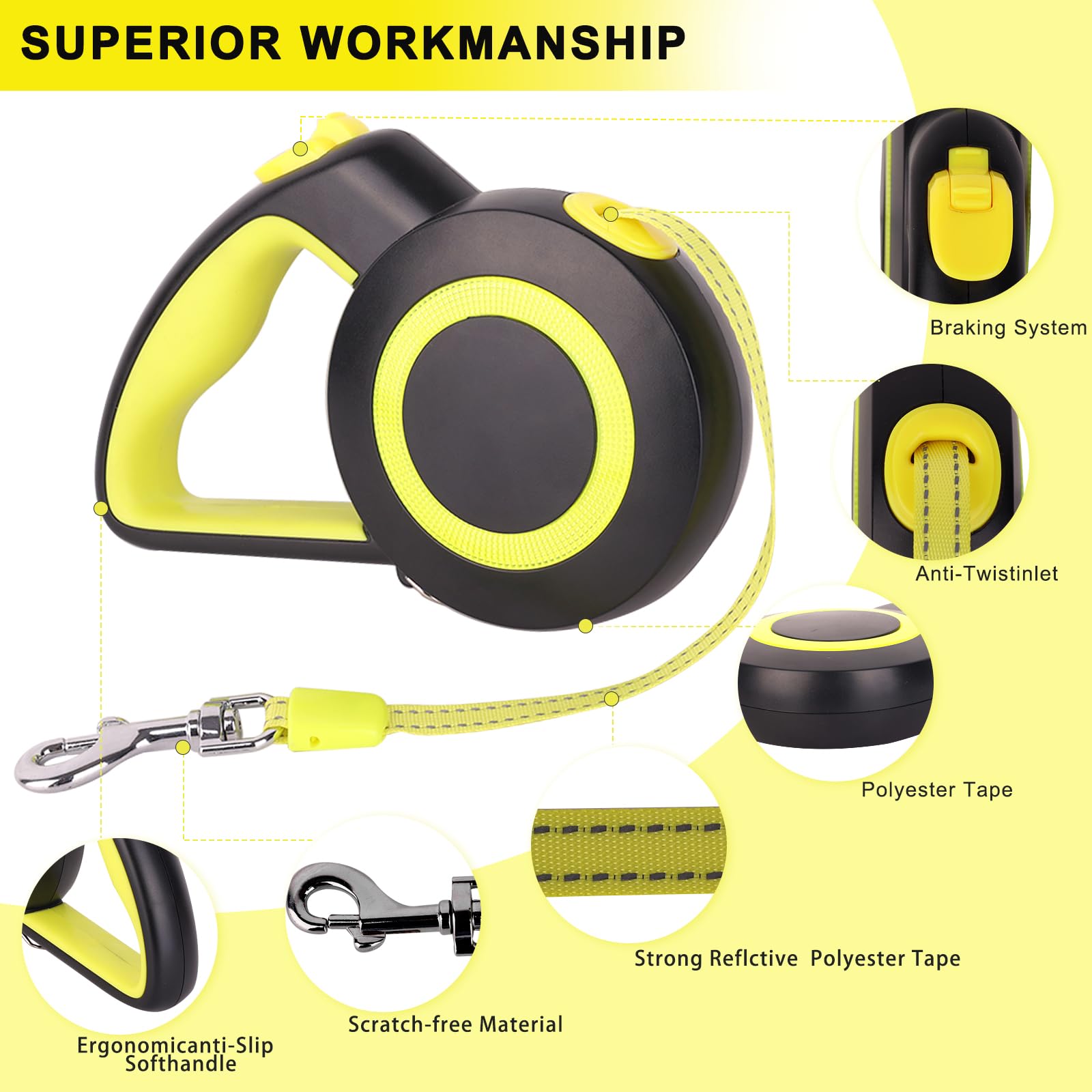 Enrgticdg Retractable Dog Leash,Night Reflection,Light Weight Leash For Small To Dogs/Cats,Stainless Steel Spring,Strong Nylon T