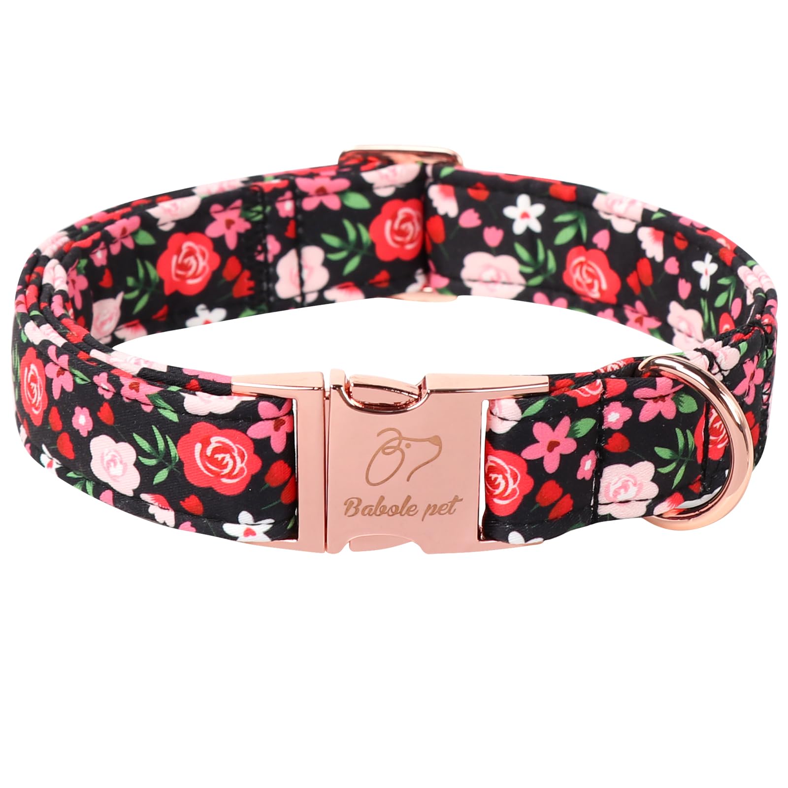 Babole Pet Vintage Dog Collar - Adjustable Black Floral Dog Collars For Medium Dogs Male Female Pet Soft Padded Metal Buckle Col