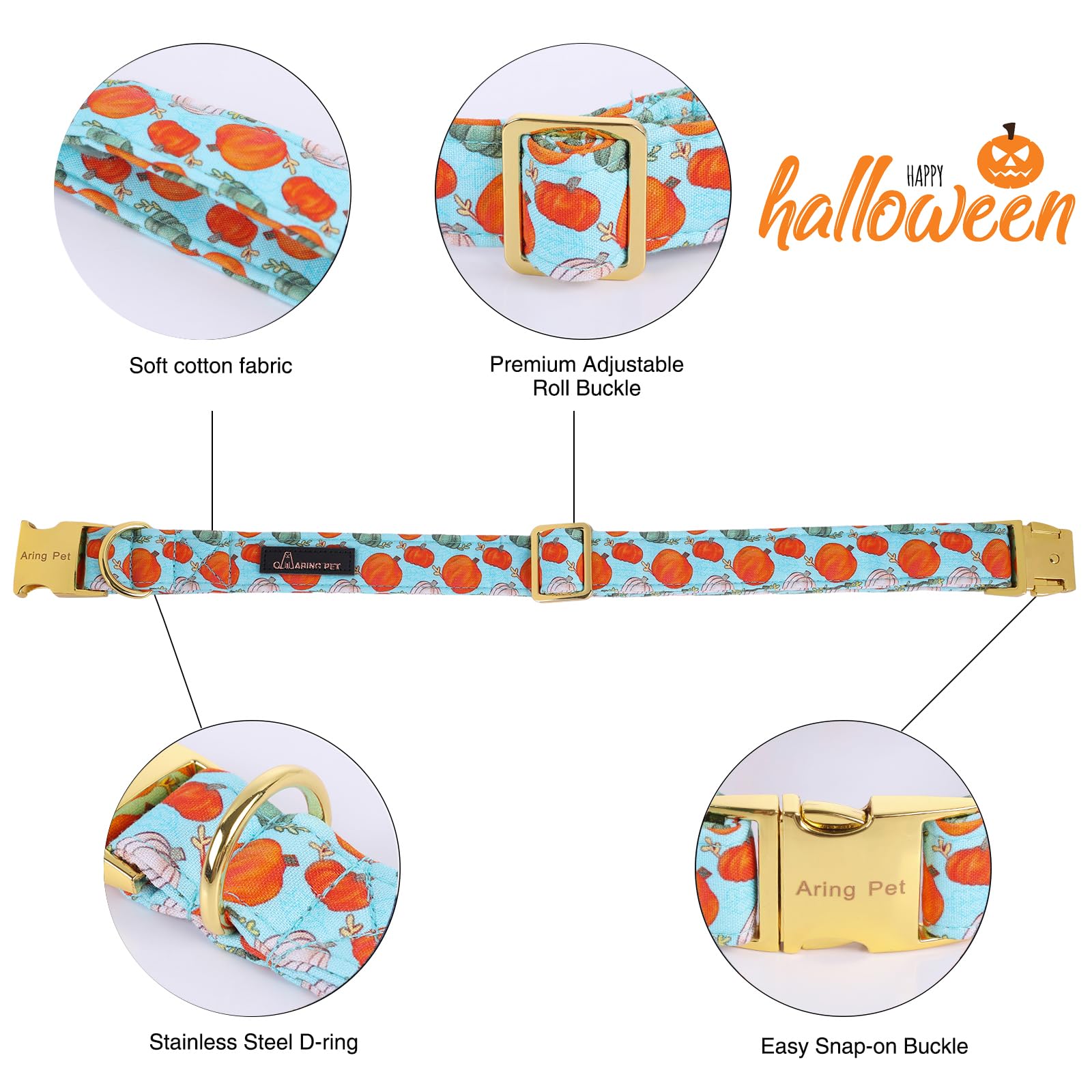 Aring Pet Halloween Dog Collar Cotton Pumpkin Dog Collar With Bow, Adjustable Blue Pumpkin Dog Collars Puppy Collars With Metal