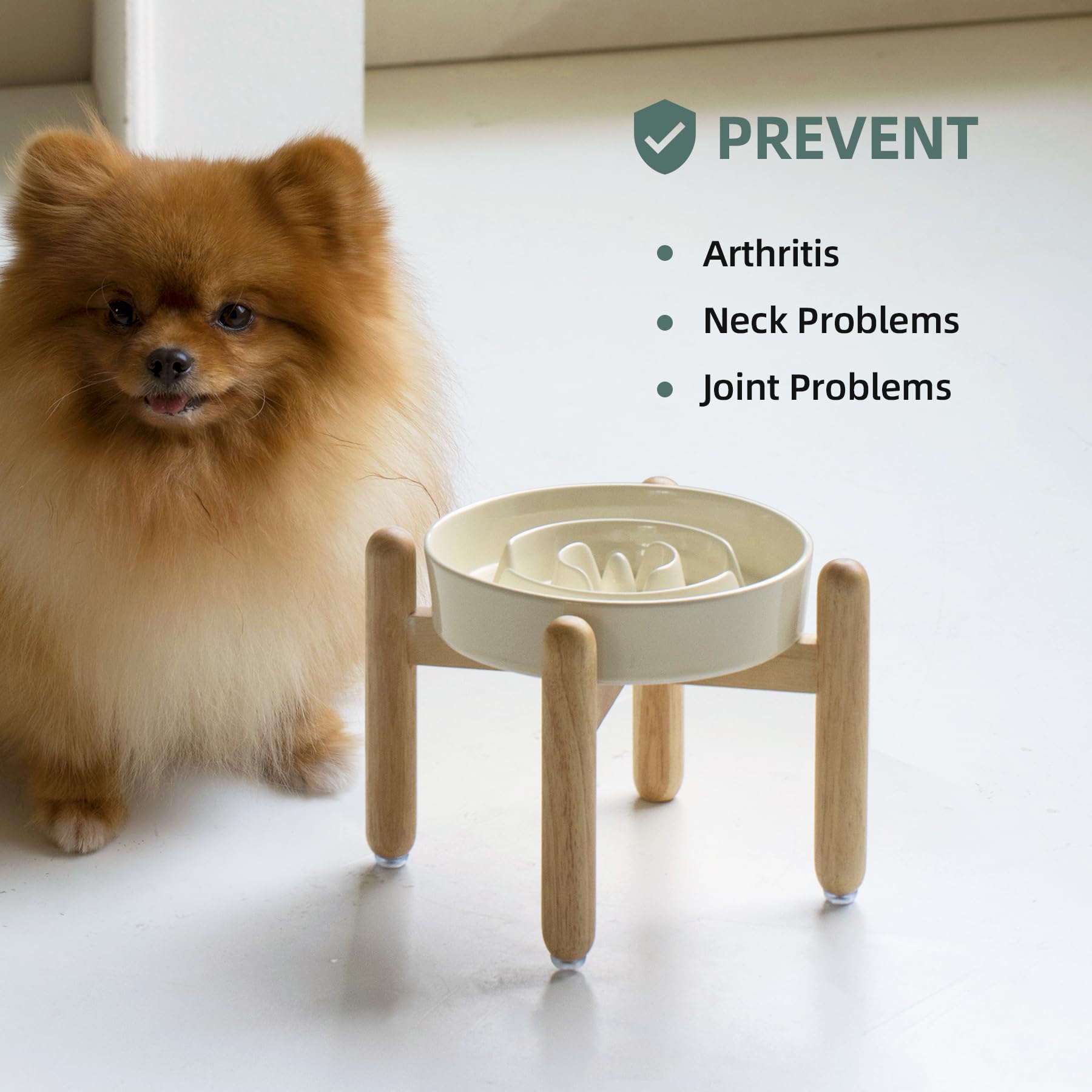 Havniva 7.3Inch Ceramic Raised Slow Feeder Dog Bowl Set, Elevated Wooden Stand For Medium And Small Dog, Puzzle Slow Dish, Anti-