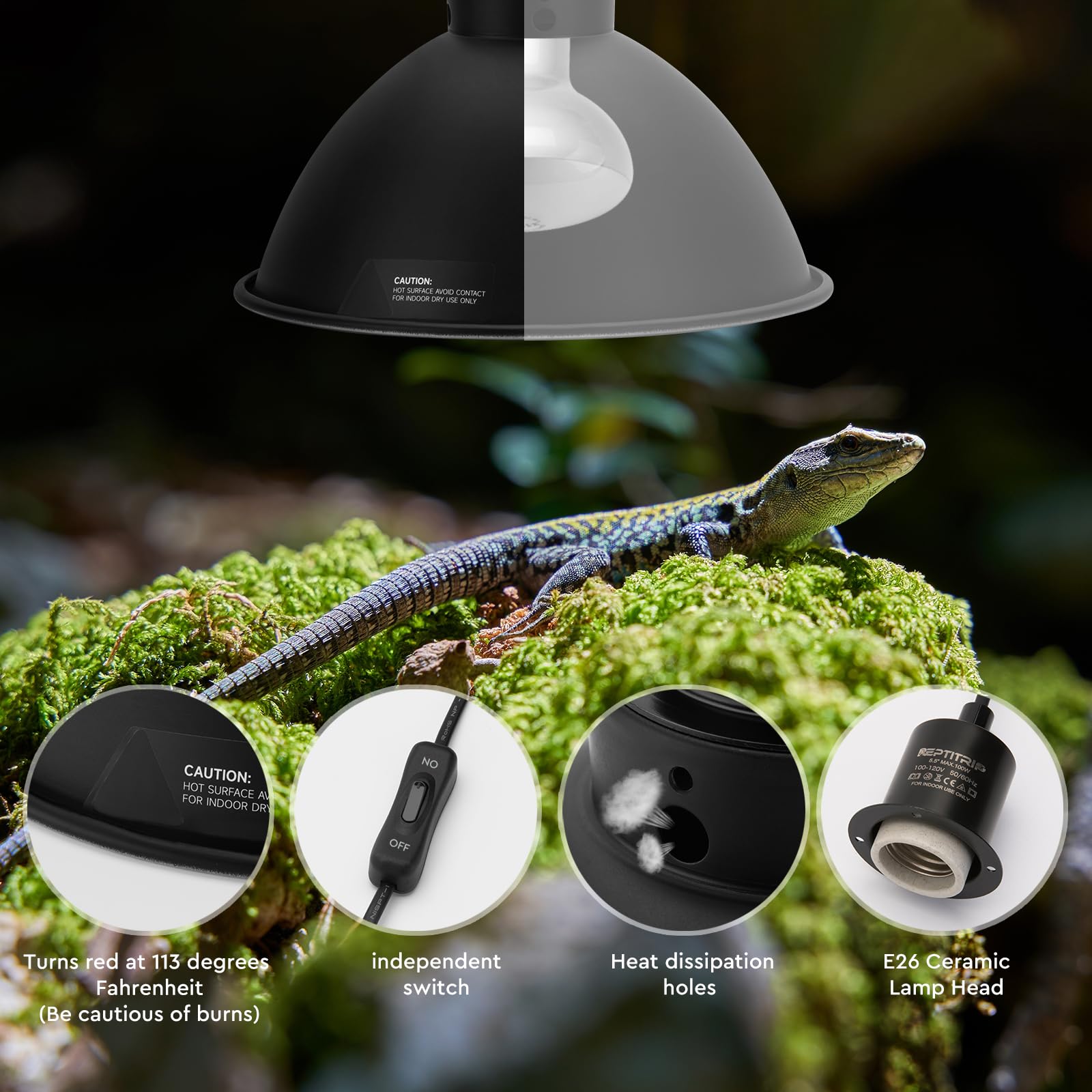 Reptitrip Reptile Light Fixture 8.5-Inch, Reptile Heat Lamp Max 150W, Reptile Tank Lighting Fixtures, Fixture For Uvb Reptile Li