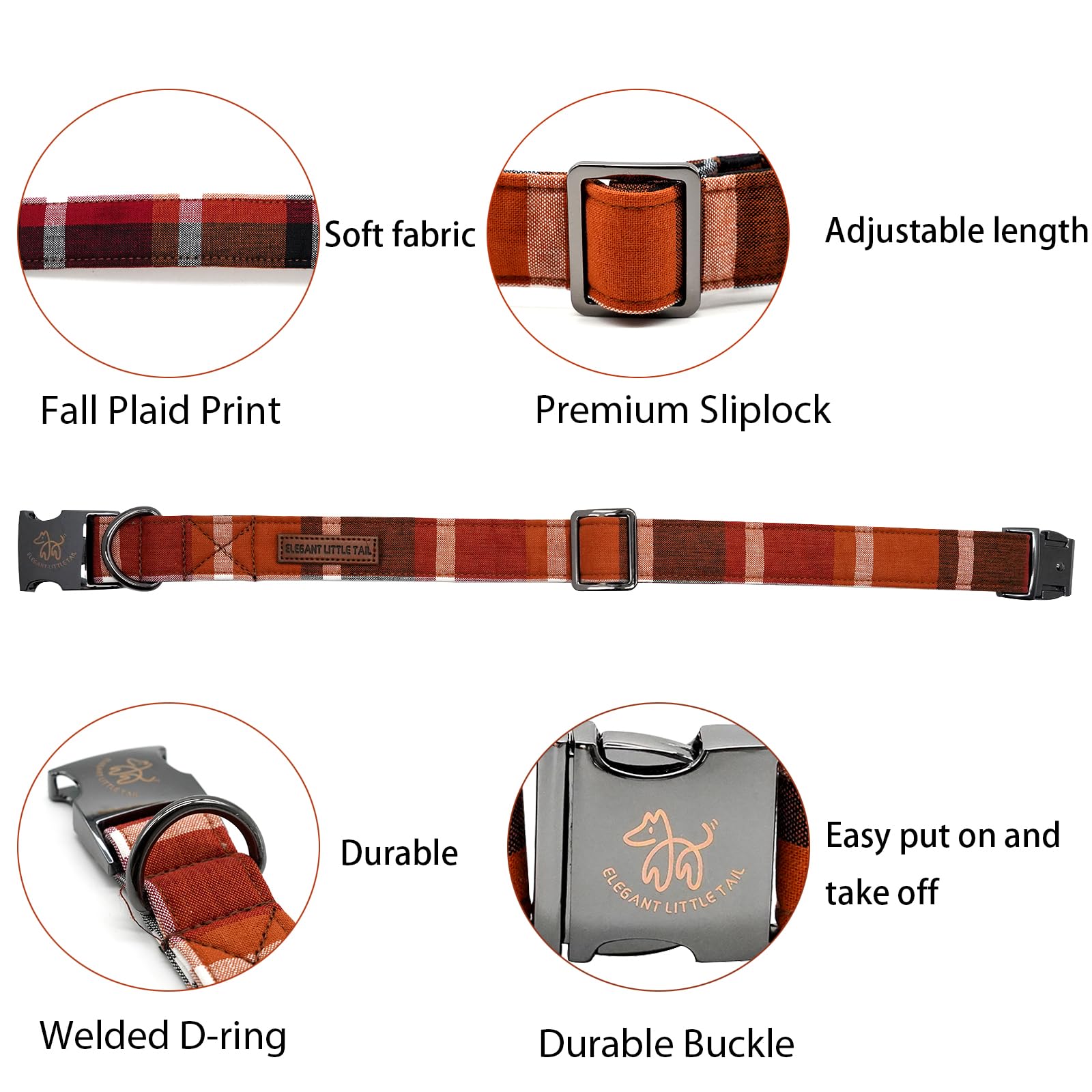 Elegant Little Tail Orange Plaid Cotton Dog Collar With Metal Buckle For X-Large Dogs