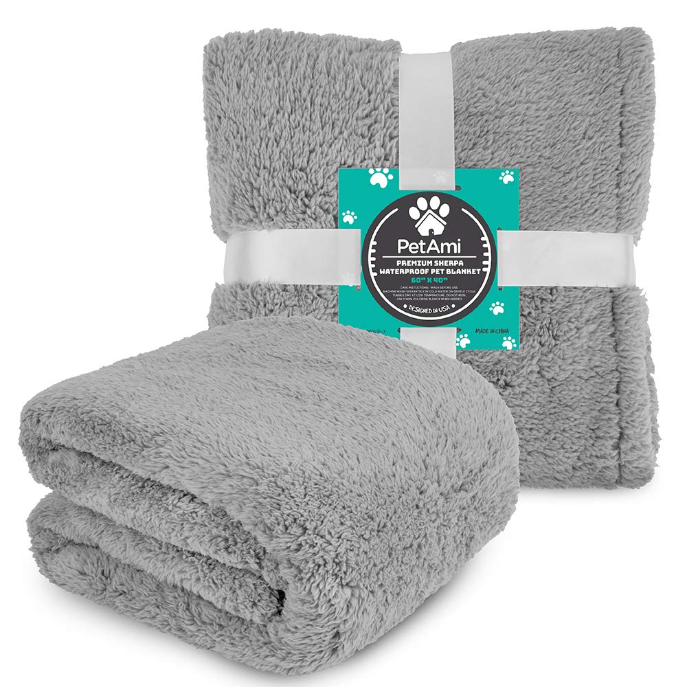 Petami Fluffy Waterproof Dog Blanket For Medium Large Dogs, Soft Warm Pet Sherpa Throw Pee Proof Couch Cover, Reversible Cat Bed Blanket Sofa Protector, Plush Washable Pad (Light Grey, 40X60)