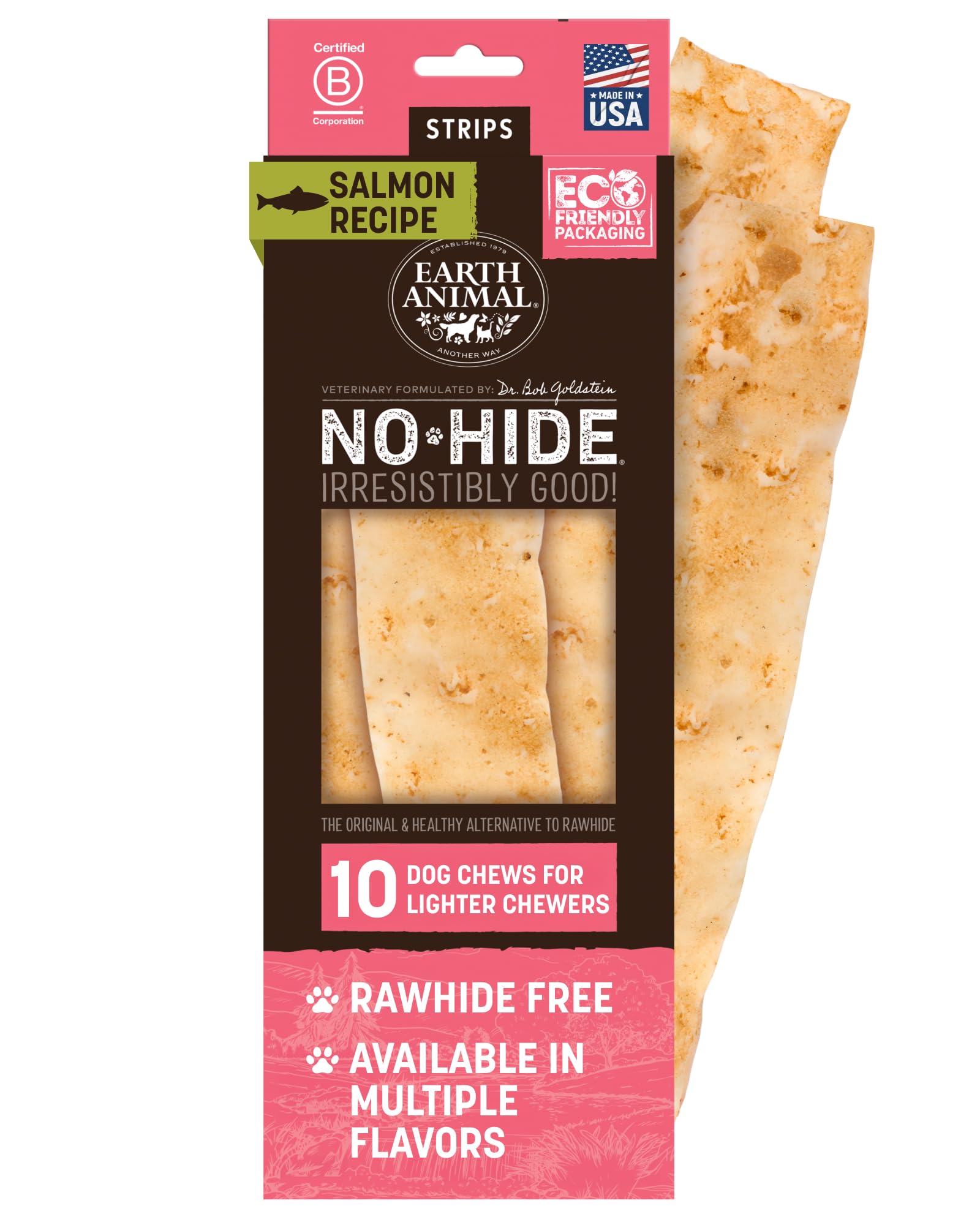 Earth Animal No-Hide Strips Salmon Recipe Natural Rawhide Alternative Dog Chew Treat, Value Pack 3.8 Oz