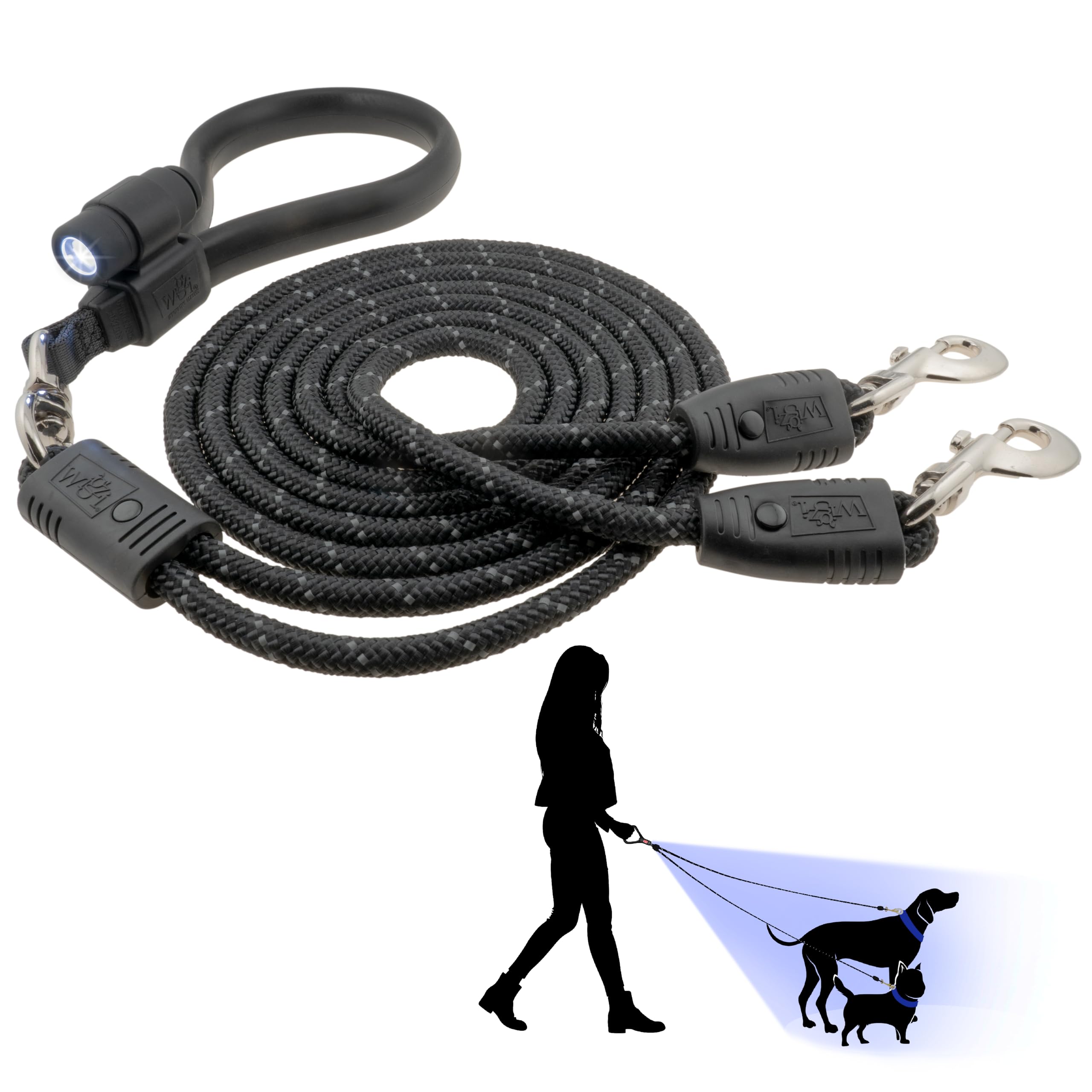Wigzi - 2025 Edition -Dual Doggie Flex Walk with LED Two Dog Leash. 360 Degree no Tangle, Thick Durable Reflective Ropes, Silico