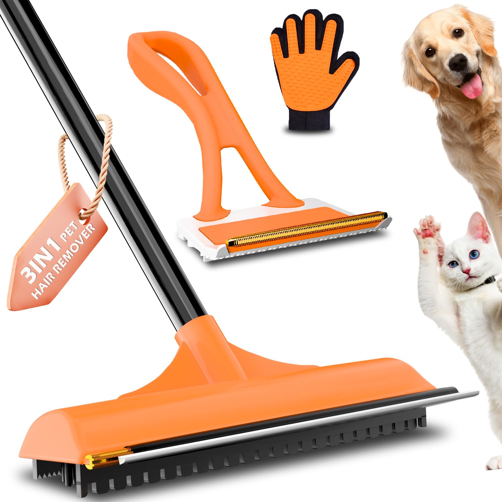 Carpet Rake for Pet Hair Removal - Reusable Dog & Cat Hair Remover with 58 Reinforced Steel Handle, 3-in-1 Professional Modular 