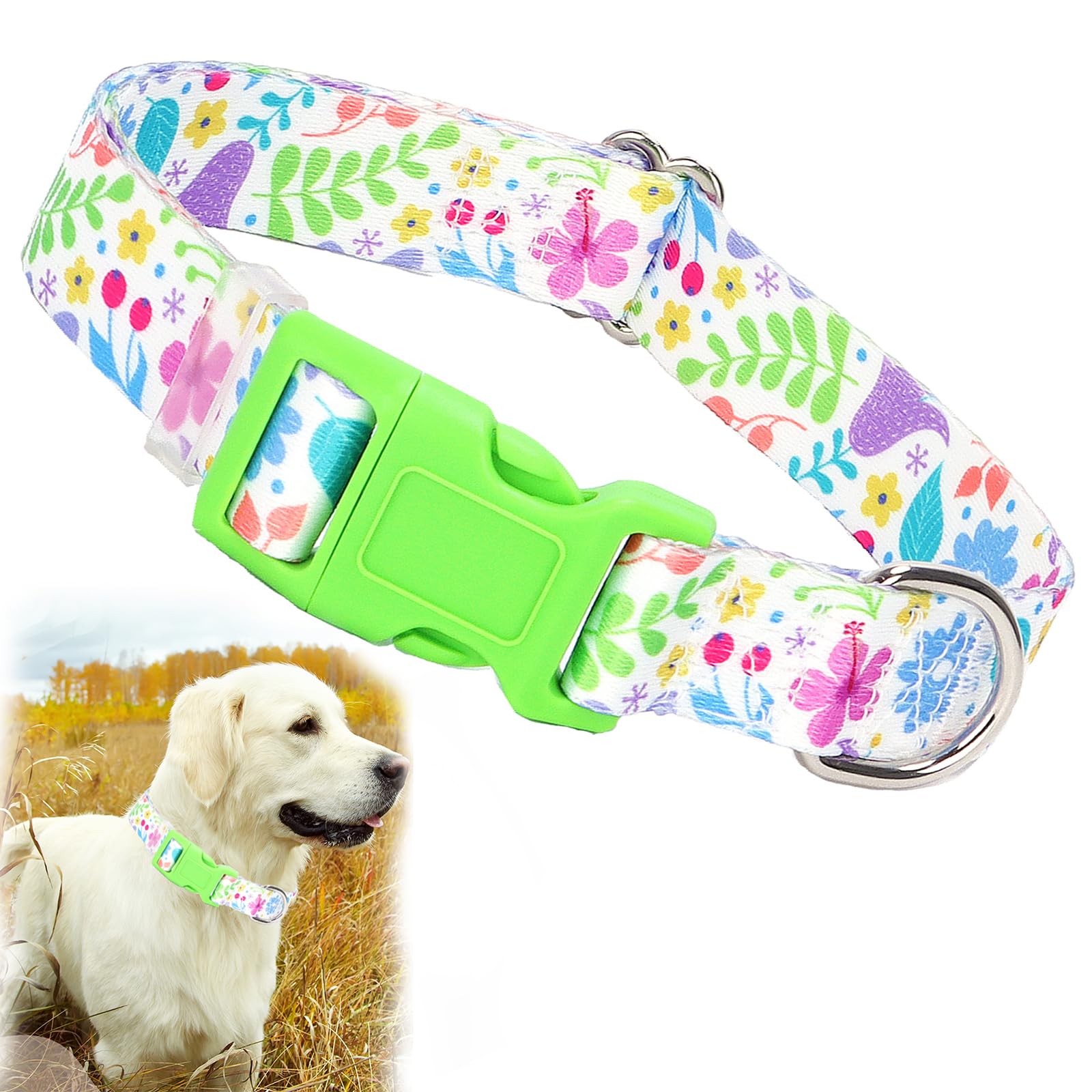 Female Dog Collar For Medium Dogs With Flowers For Girl Dogs, Soft Nylon Adjustable Cute Dog Collars(Flowers M)