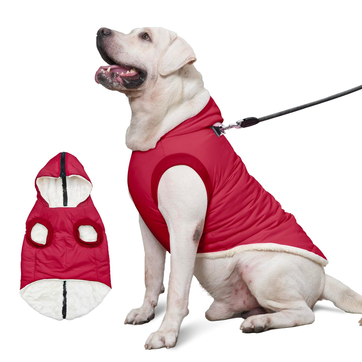 Vecomfy Fleece Lining Dog Hoodie With Harness Built In,Extra Warm Large Dog Jacket In Winter Doggie Coats With Hooded,Red Xxxl