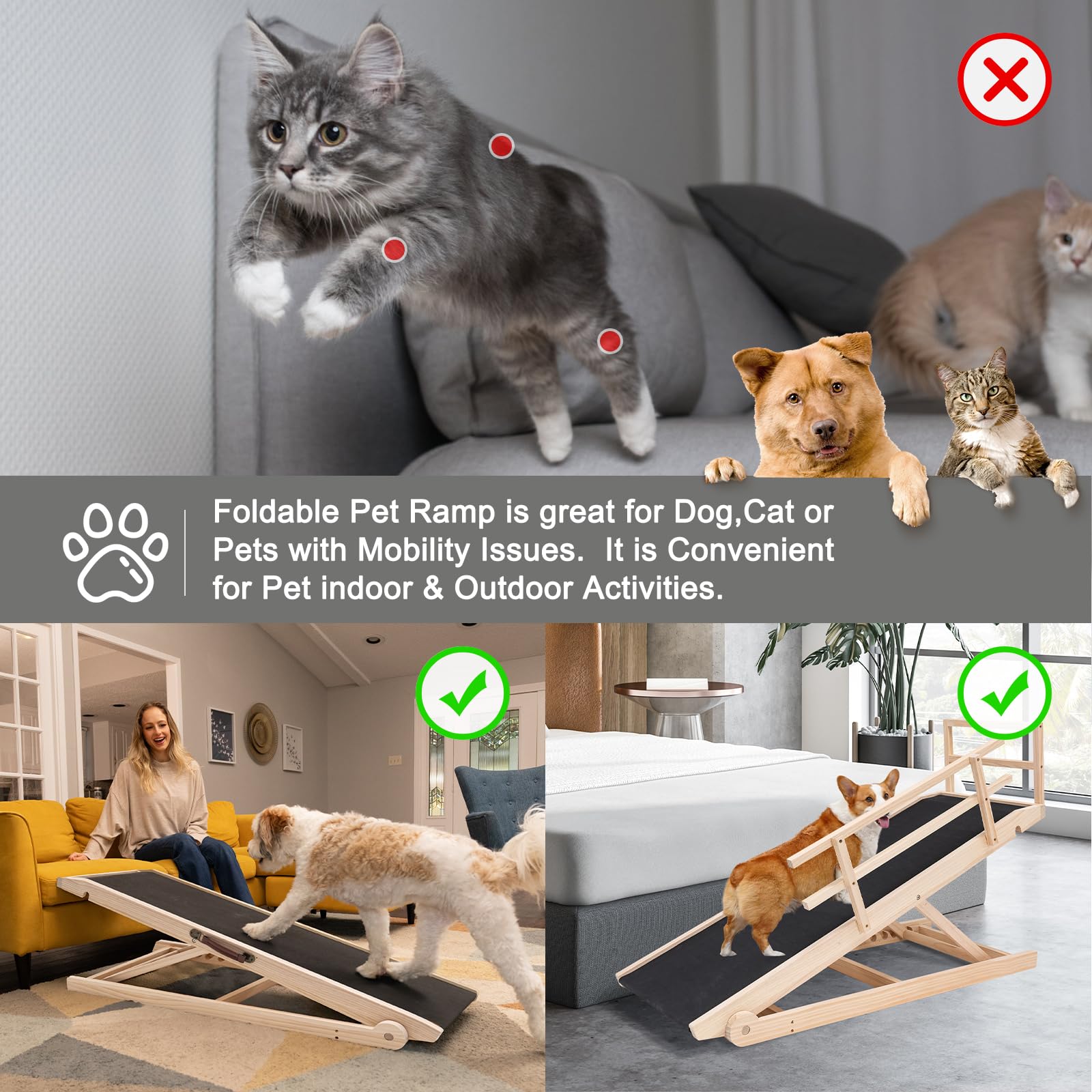 Aboron Antislip Wooden Dog Ramp For High Bed Couch Car, 5-Level Adjustable Folding Pet Ramp For Small & Large Old Dogs & Cats, 1