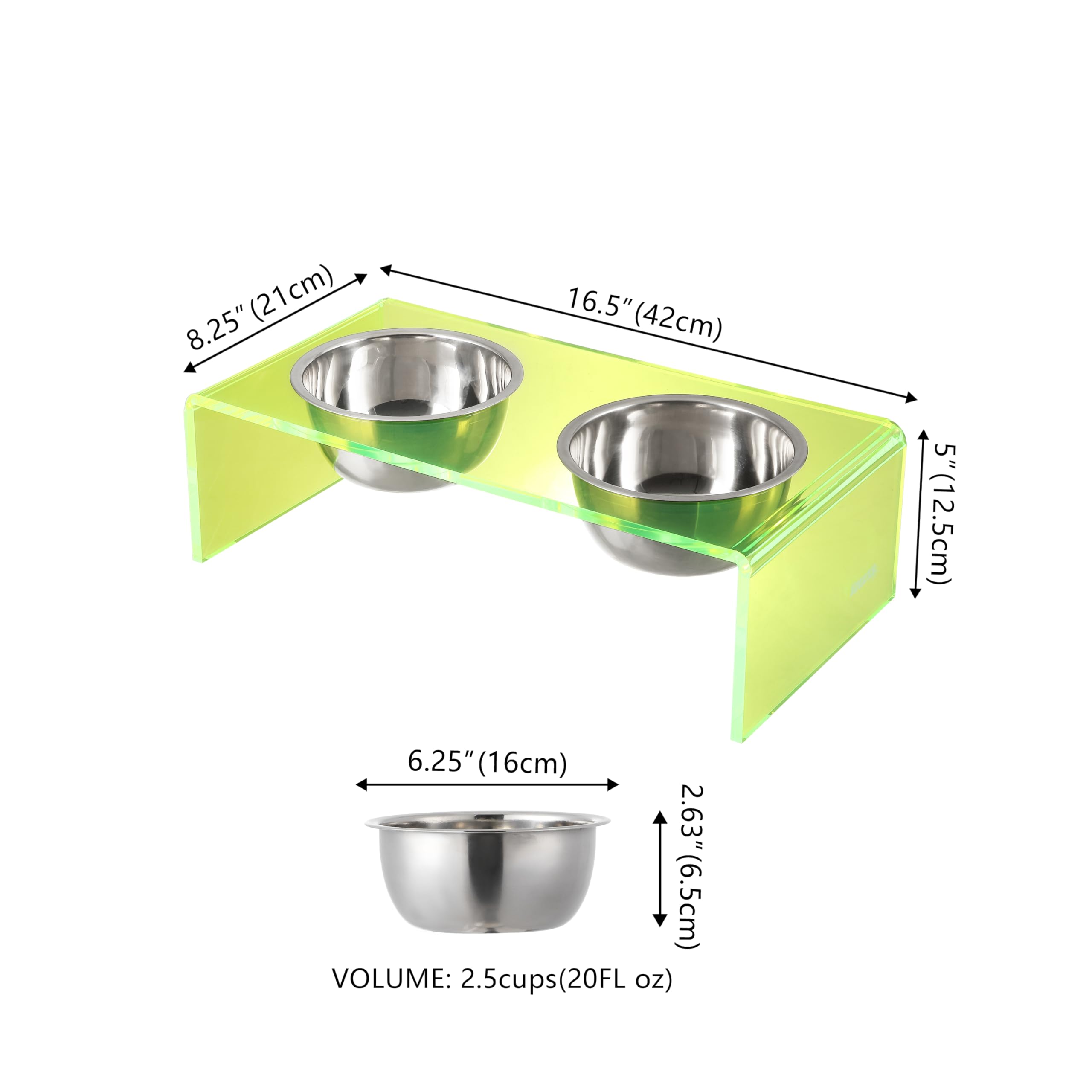 The LICKER Store DBL2000G Keaton 5 Small/Medium Modern Acrylic Rectangular Elevated Pet Feeder with 20oz 2-Stainless Steel Bowls