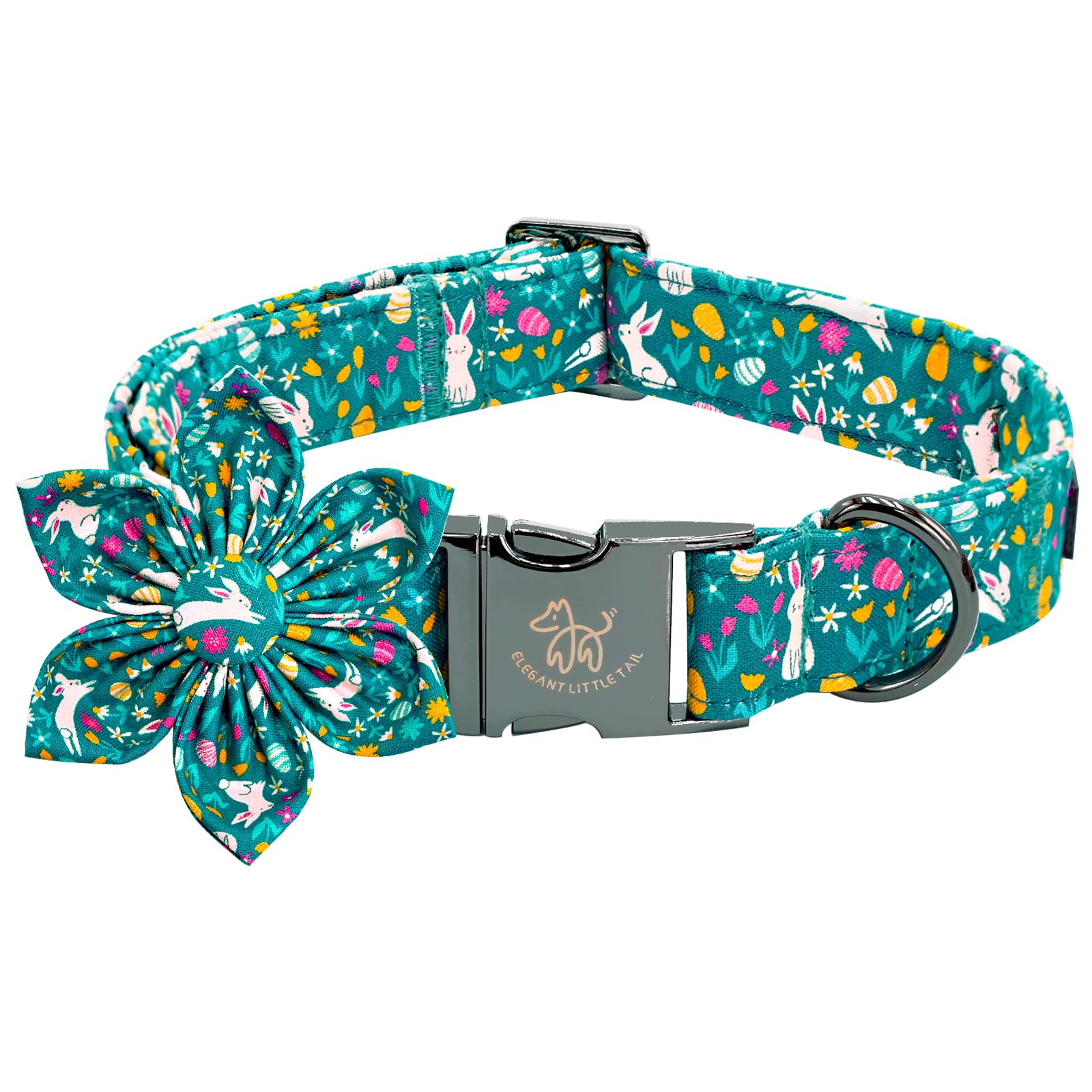 Elegant Little Tail Bunny Print Dog Collar, Adjustable, Durable Cotton, Unique Flower Decoration, Fits Dogs 16-26 Inches, Large,