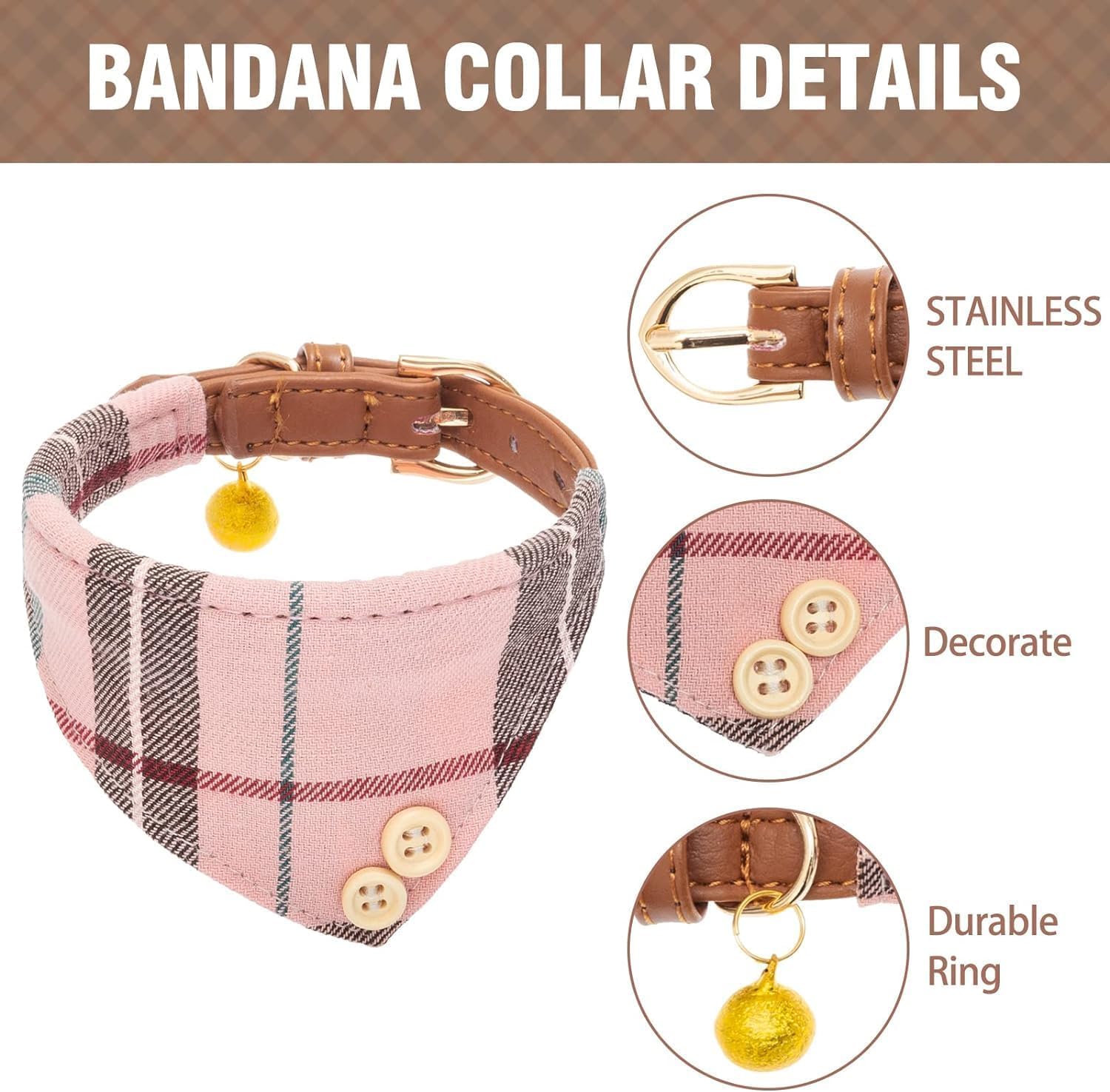 Kooltail Dog Collar And Leash Set 3 Park, Adjustable Soft Leather Puppy Collar And Leash Tangle Free For Outdoor Walking, Dog Bandana Collar With Bow Tie & Bell For Small Medium Dogs Cats Pink Plaid