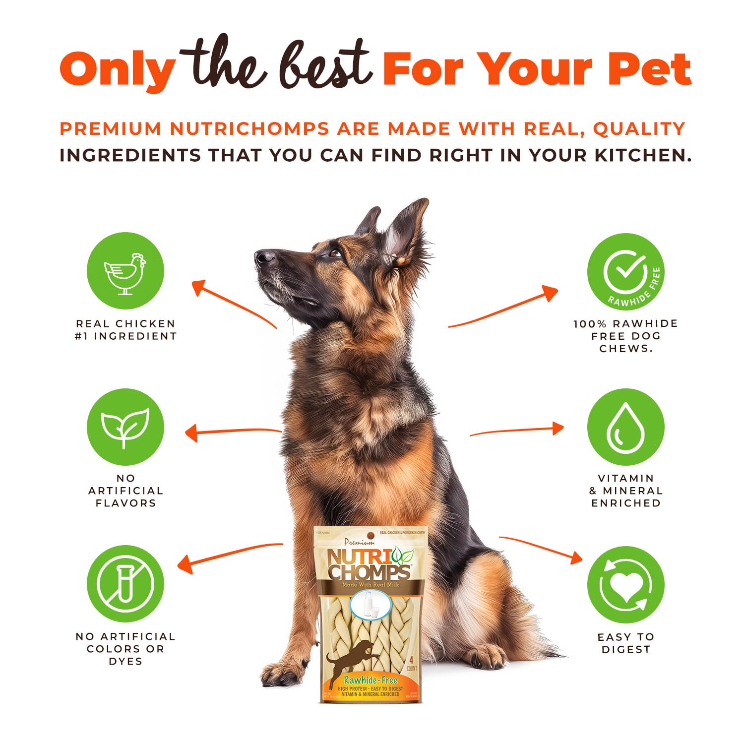 NutriChomps Dog Chews, 6-inch Braids, Easy to Digest, Rawhide-Free Dog Treats, Healthy, Real Chicken, Peanut Butter and Milk fla