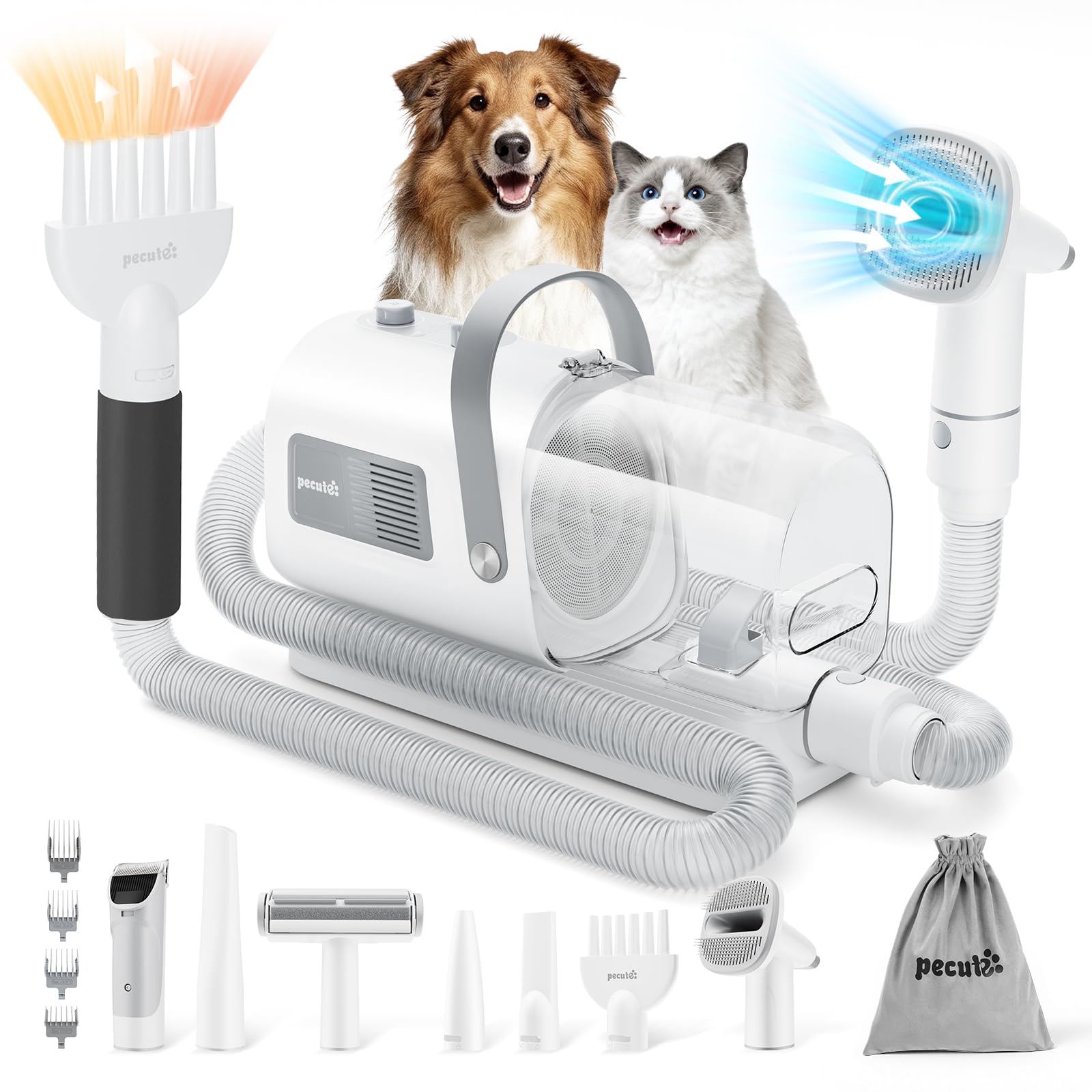 Pecute Dog Grooming Vacuum & Dryer, 7-in-1 Pet Grooming Kit with Clipper, 10000Pa Dog Vacuum for Shedding Grooming, Adjustable S