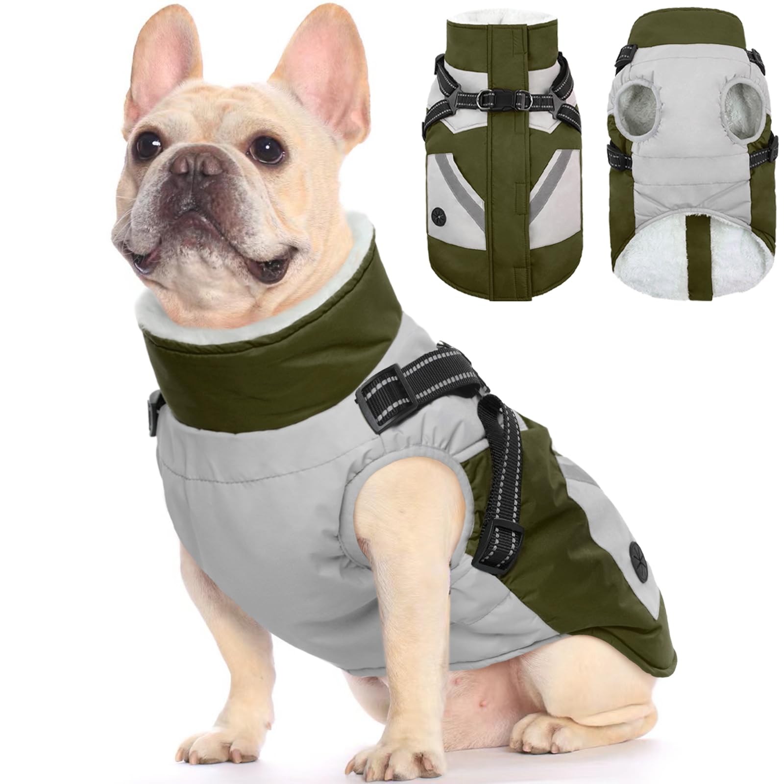 Fuamey Dog Jacket - Waterproof Coat With Built-In Harness & Reflective Vest, Green S, Small Dogs