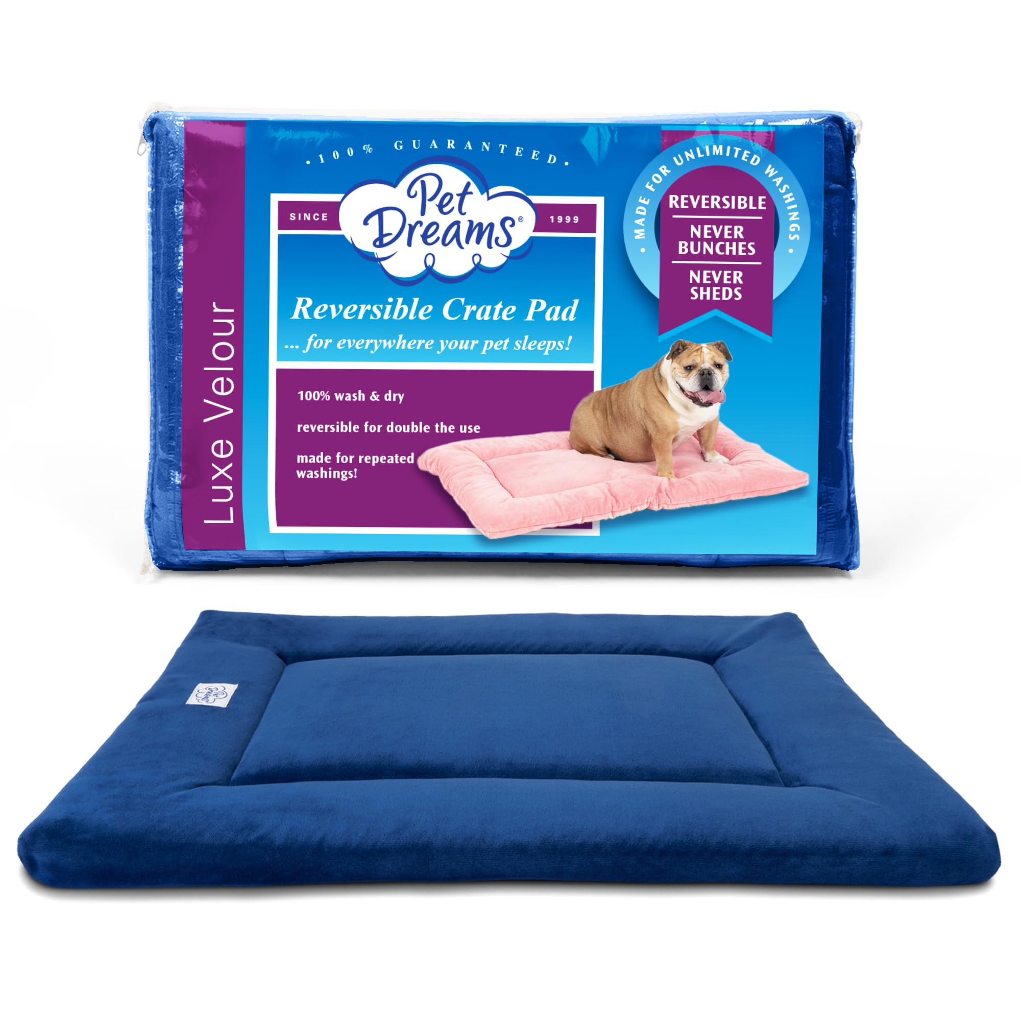Pet Dreams Dog Crate Bed - Non Toxic Dog Bed, The Original Dog Crate Pad/Kennel Mat, Soft Dog Kennel Bed, Reversible Crate Mats For Dog Cages, Dog Crate Pads Washable (Blue, Small 24 Inch Crate Pad)