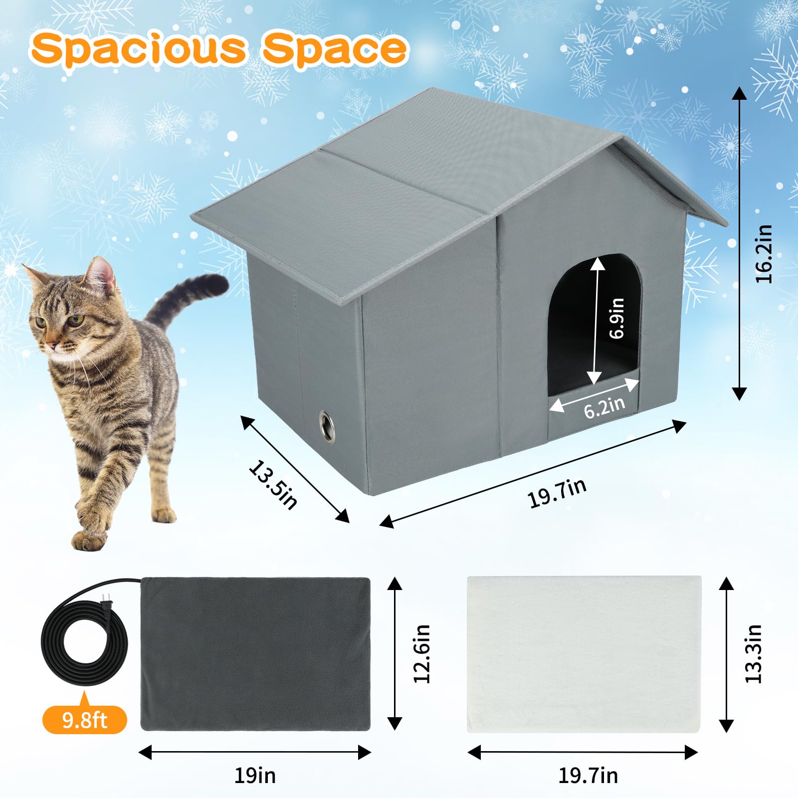Weatherproof Heated Cat Houses, Insulated and Waterproof Feral Cat Shelter, Extra-Wide Kitty House with Heating Pad for Winter,