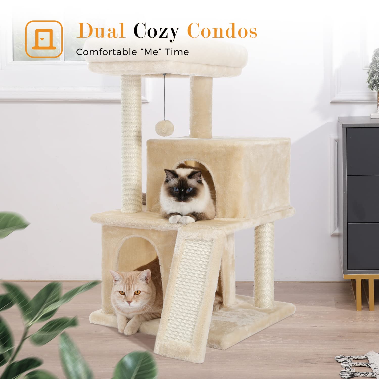 Pawz Road Cat Tree Luxury Cat Tower With Double Condos, Spacious Perch, Fully Wrapped Scratching Sisal Posts And Replaceable Dan