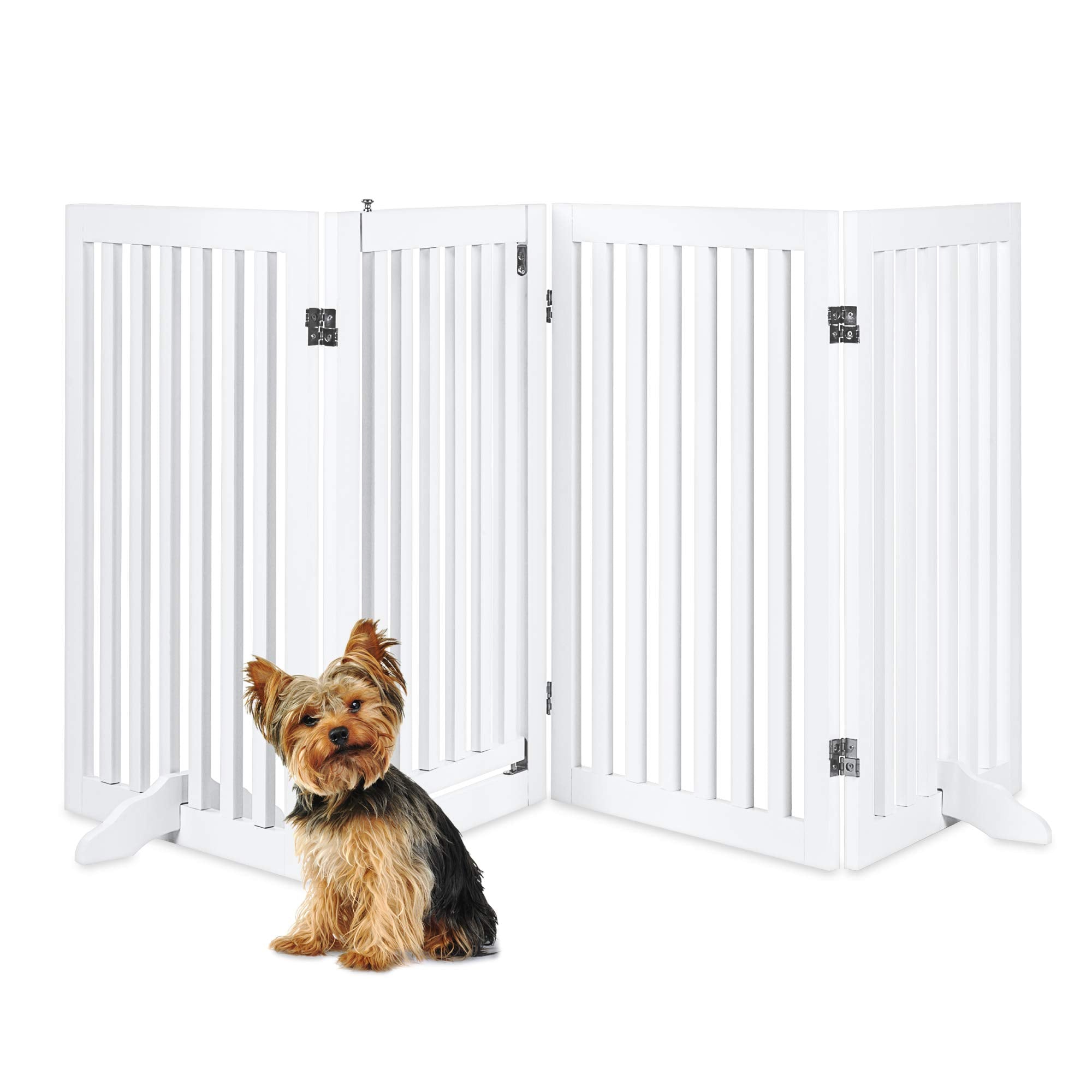 Best Choice Products 31.5In 4-Panel Freestanding Wooden Pet Gate W/Walk Through Door, Adjustable Pen, Support Feet - White