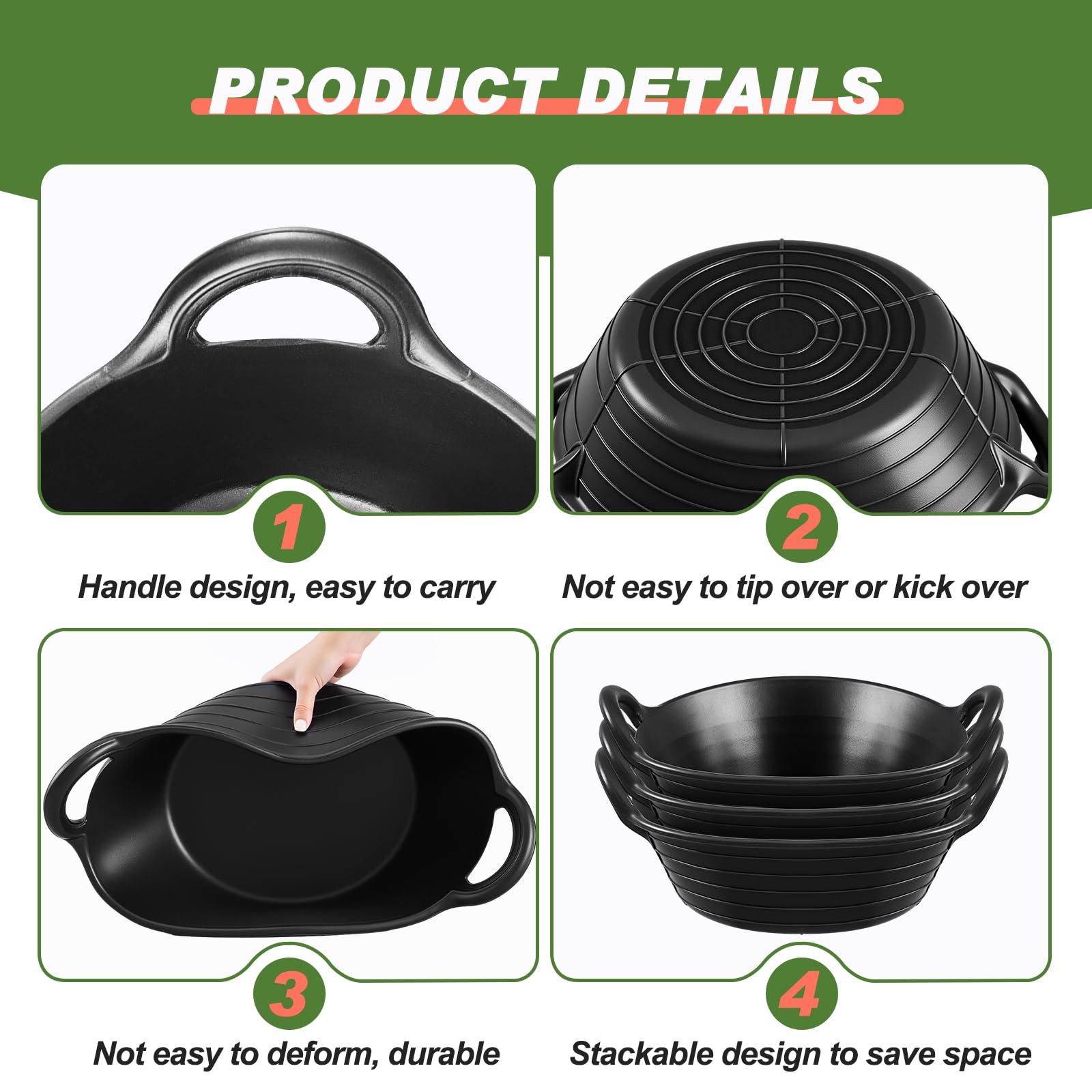 Maxdot 3 Pieces Rubber Feed Pan with Handle 3 Gallon Durable Versatile Horse Feeder Bucket for Livestock Animal Pets Feeding Wat