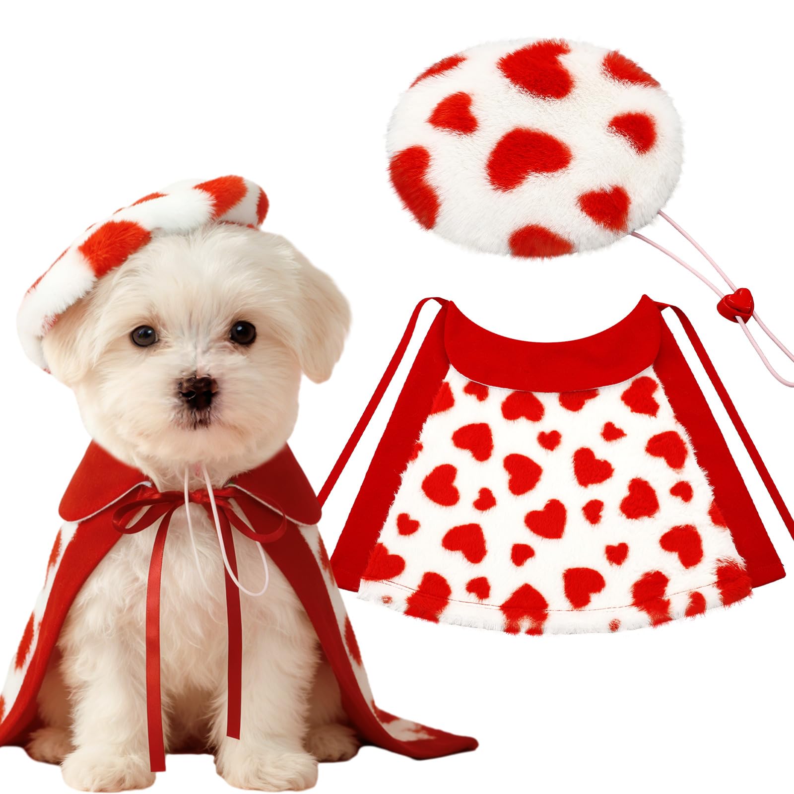 Huhumy 2 Pieces Valentines Day Dog Costume Set Including Beret Hats and Red Heart Love Dog Cloak Funny Puppy Xmas Costumes Holid