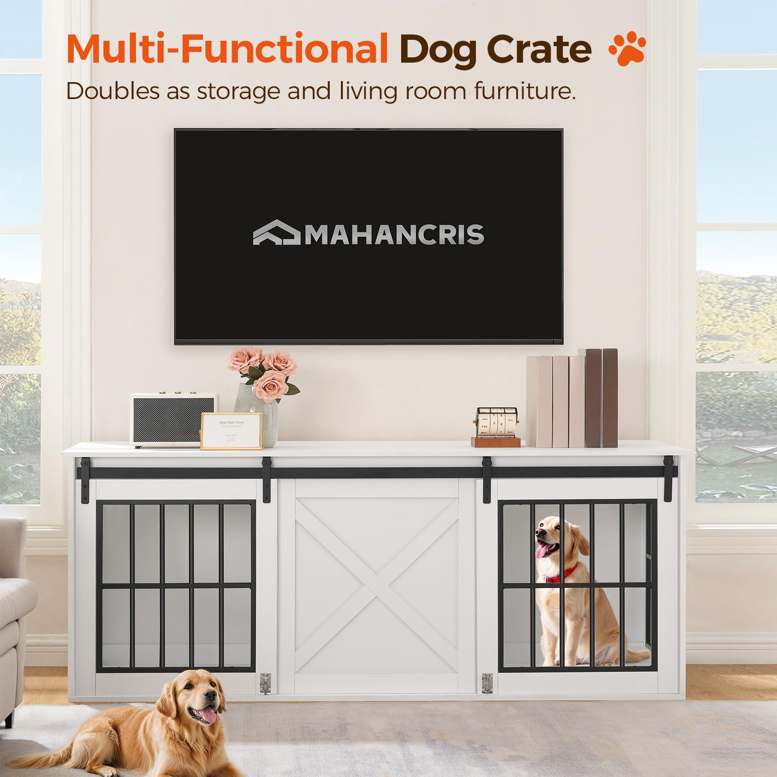 MAHANCRIS Dog Crate Furniture for 2 Dogs, 63 Heavy Duty Dog Kennel with Sliding Barn Door, Wooden Double Dog Crate with Divider
