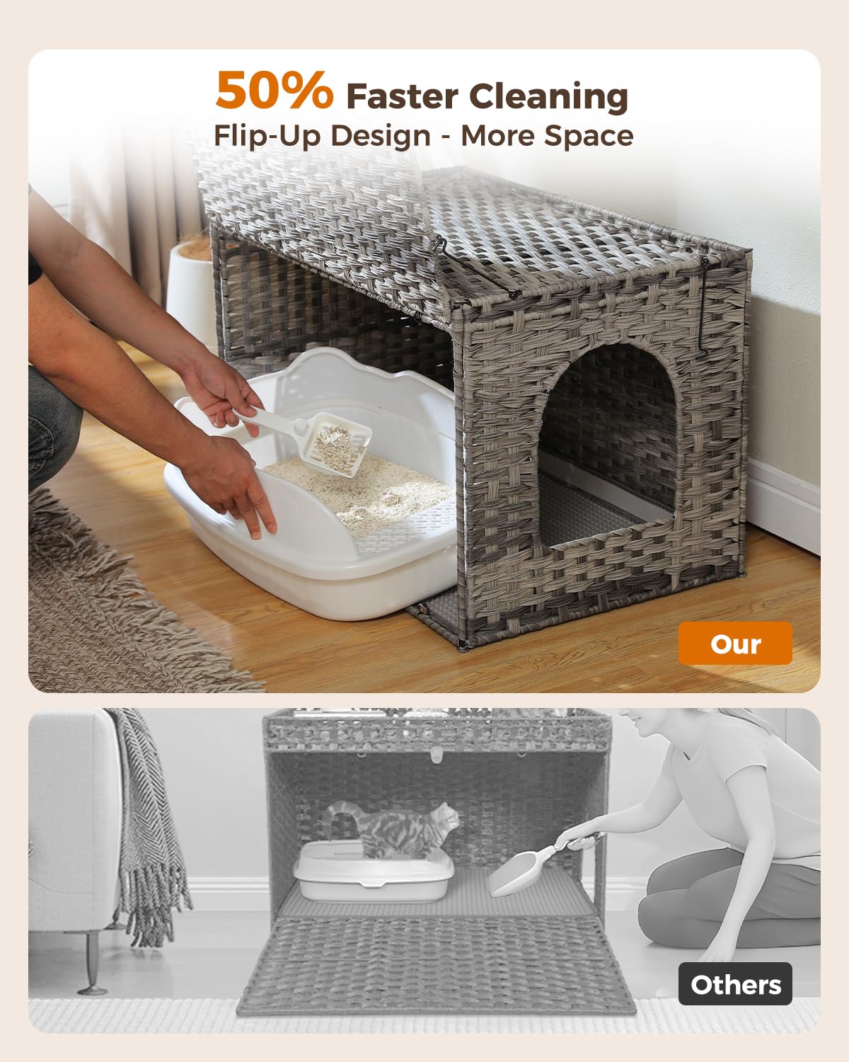 MUTTROS Rattan Cat Litter Box Enclosure - Hidden Litter Box Furniture by Handwoven Wicker with Taller Doorway & Raised Edge Mat-