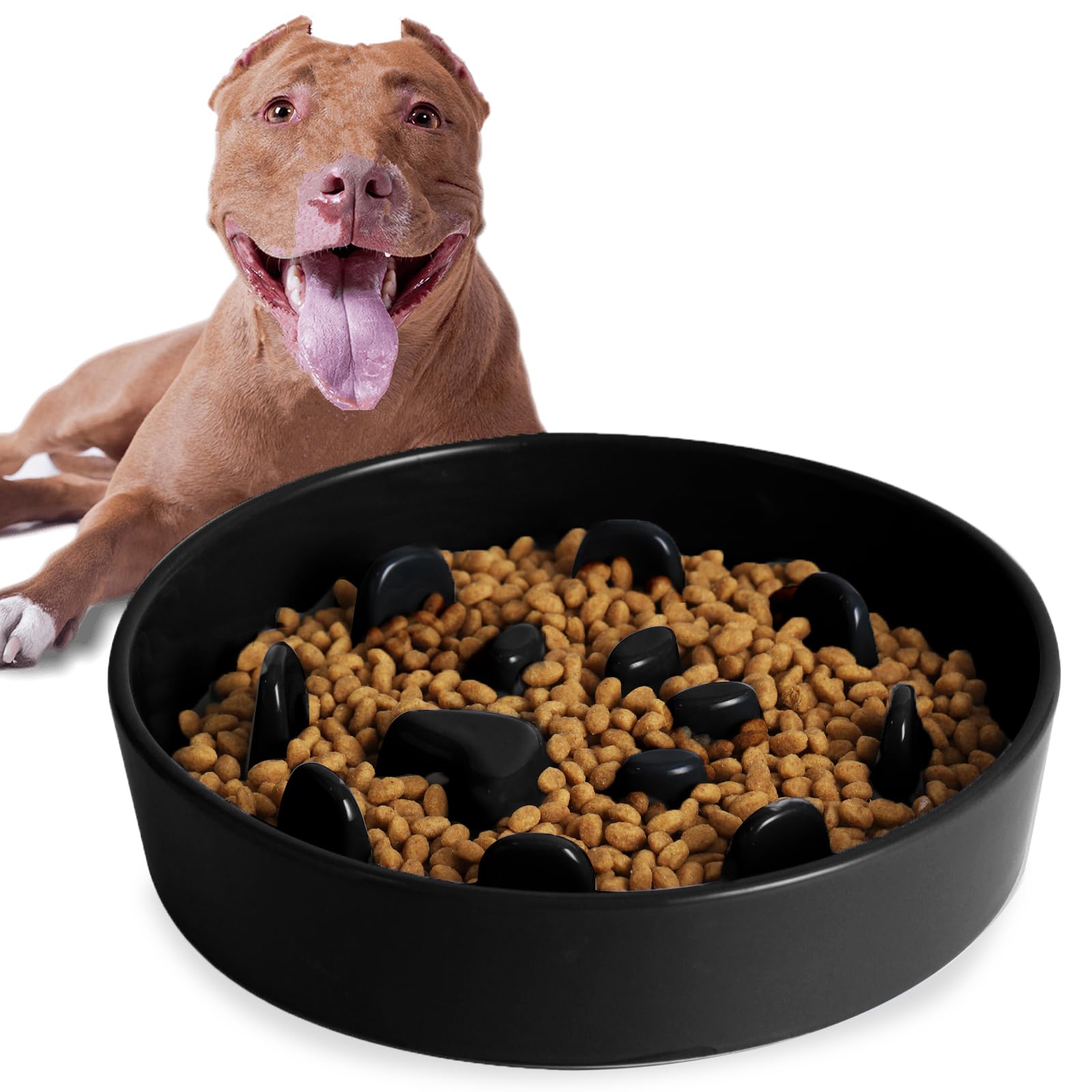 Haotop Ceramic Fun Slow Feeder Dog Bowl, Porcelain Slow Eater Bowl For Dogs (Black)